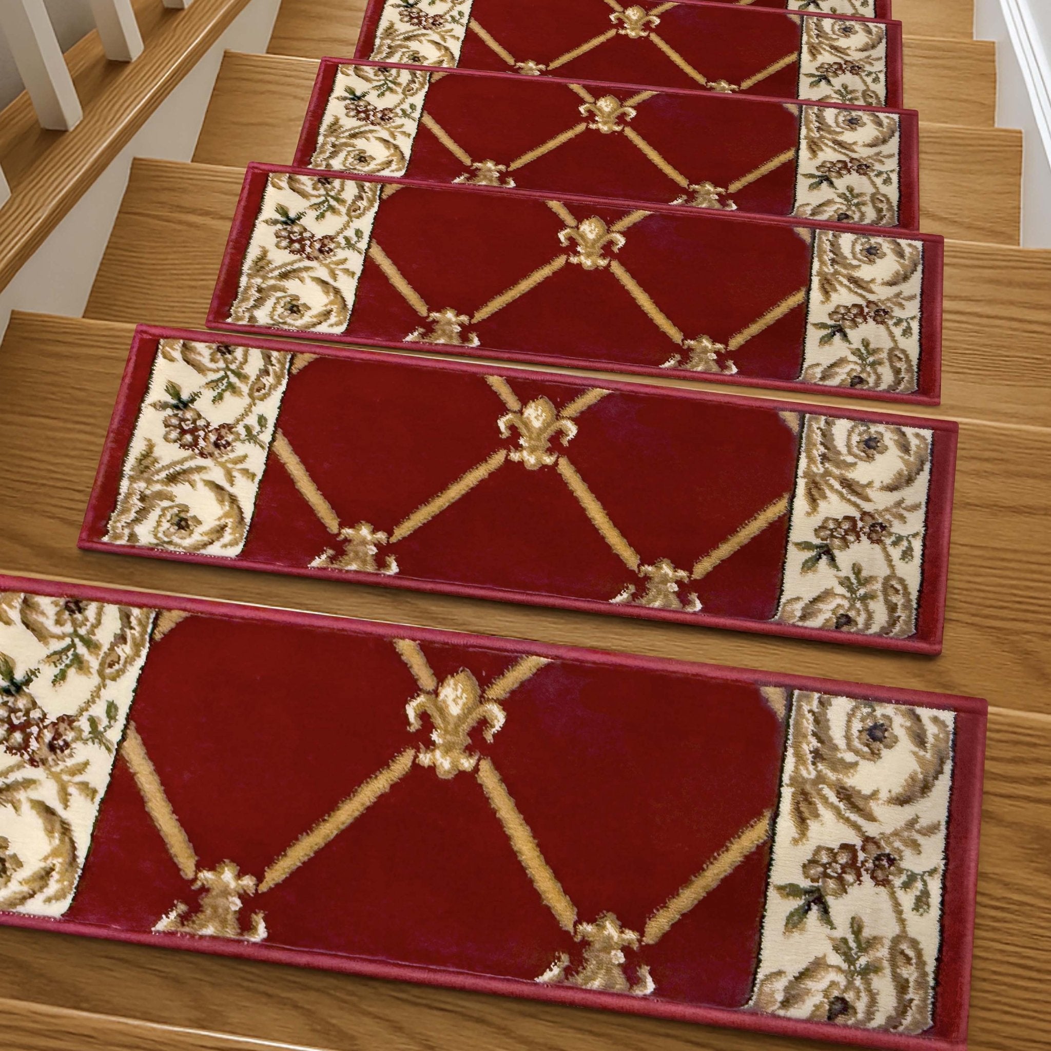Fleur De Lis Red Stair Tread Rugs - Well Woven - Fleur De Lis Red Stair Tread Rugs on wooden steps