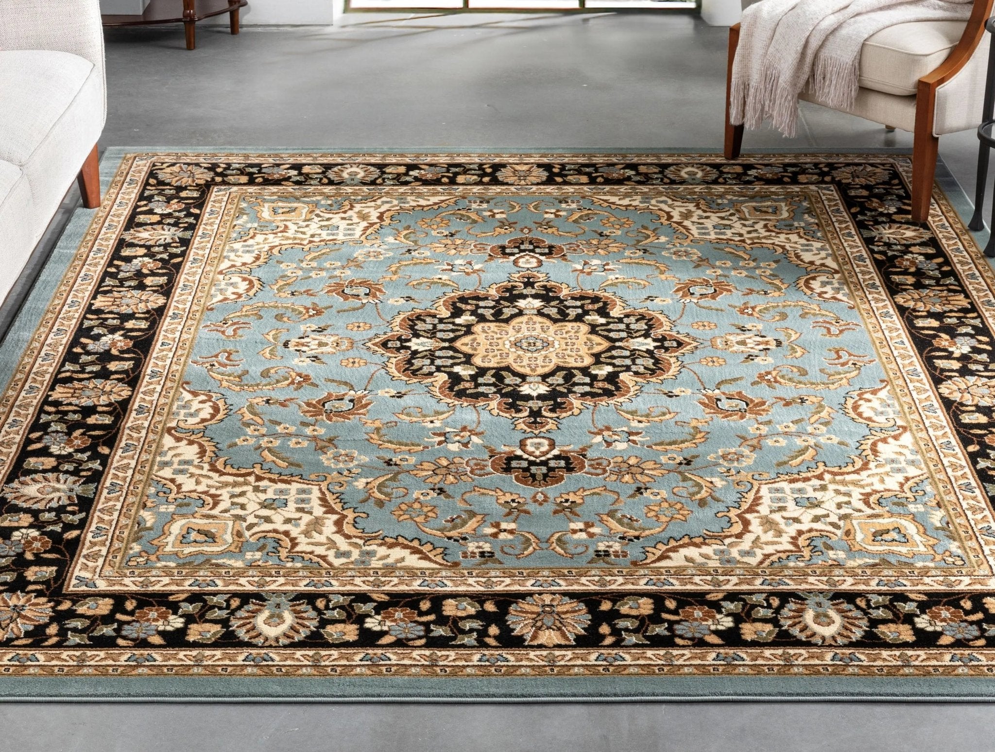 Medallion Kashan Light Blue Traditional Rug Well Woven