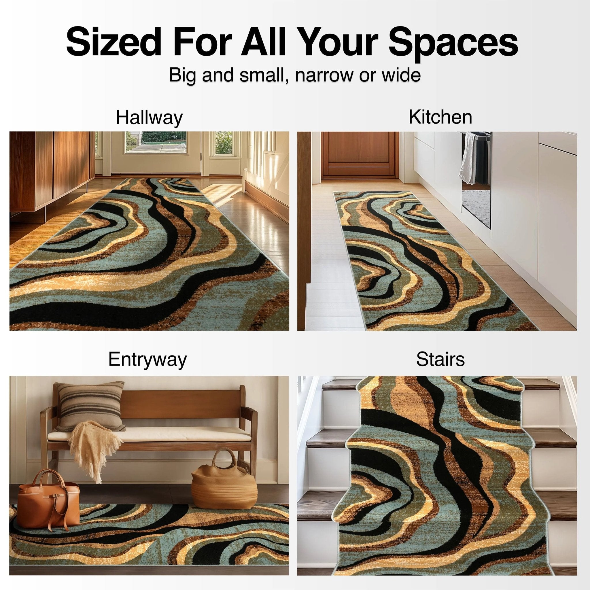 Nirvana Waves Custom Size Runner Modern Multi Blue 27 Inch Wide x Choose Your Length Hallway Runner Rug Well Woven
