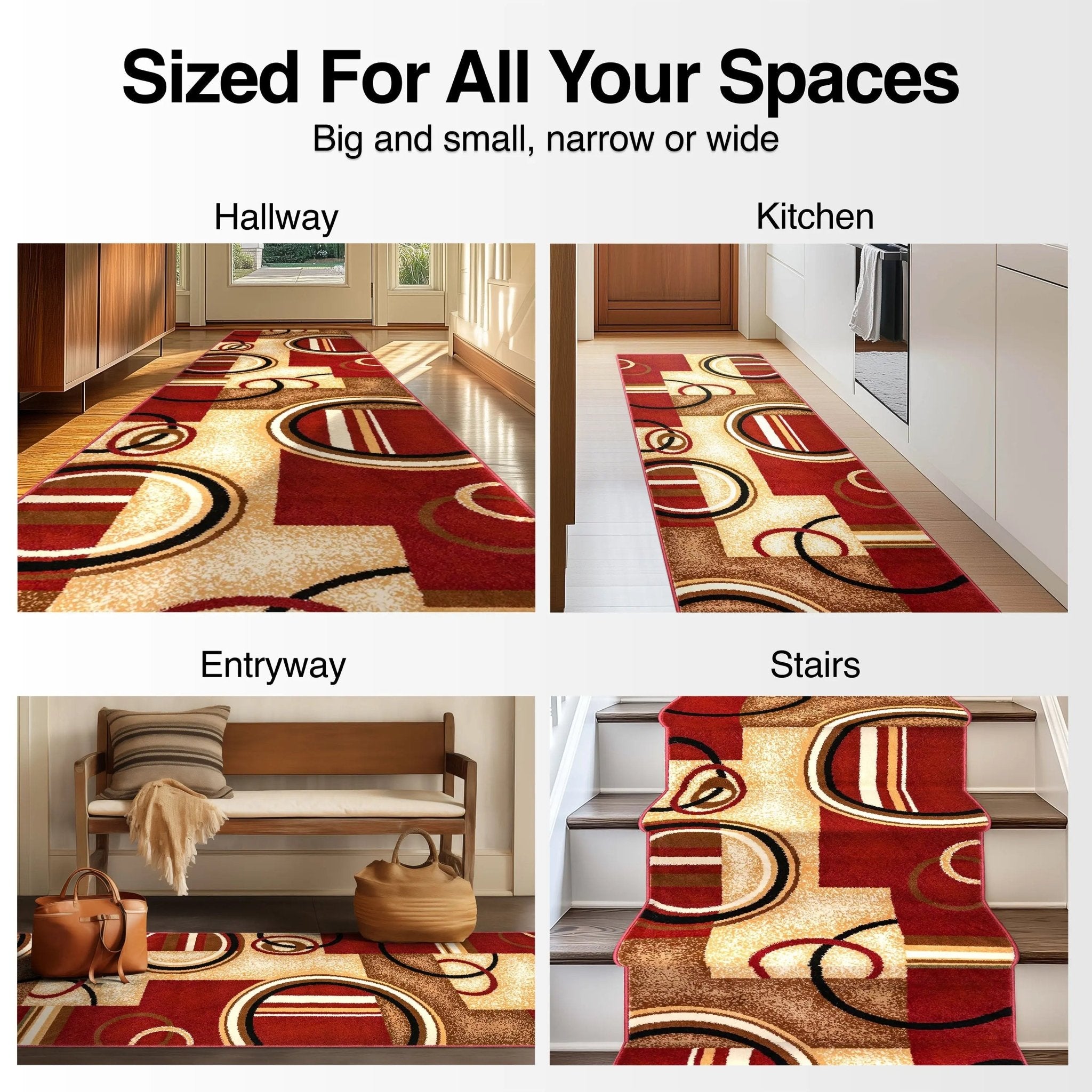 Arcs & Shapes Custom Size Runner Modern Red 27 Inch Wide x Choose Your Length Hallway Runner Rug Well Woven