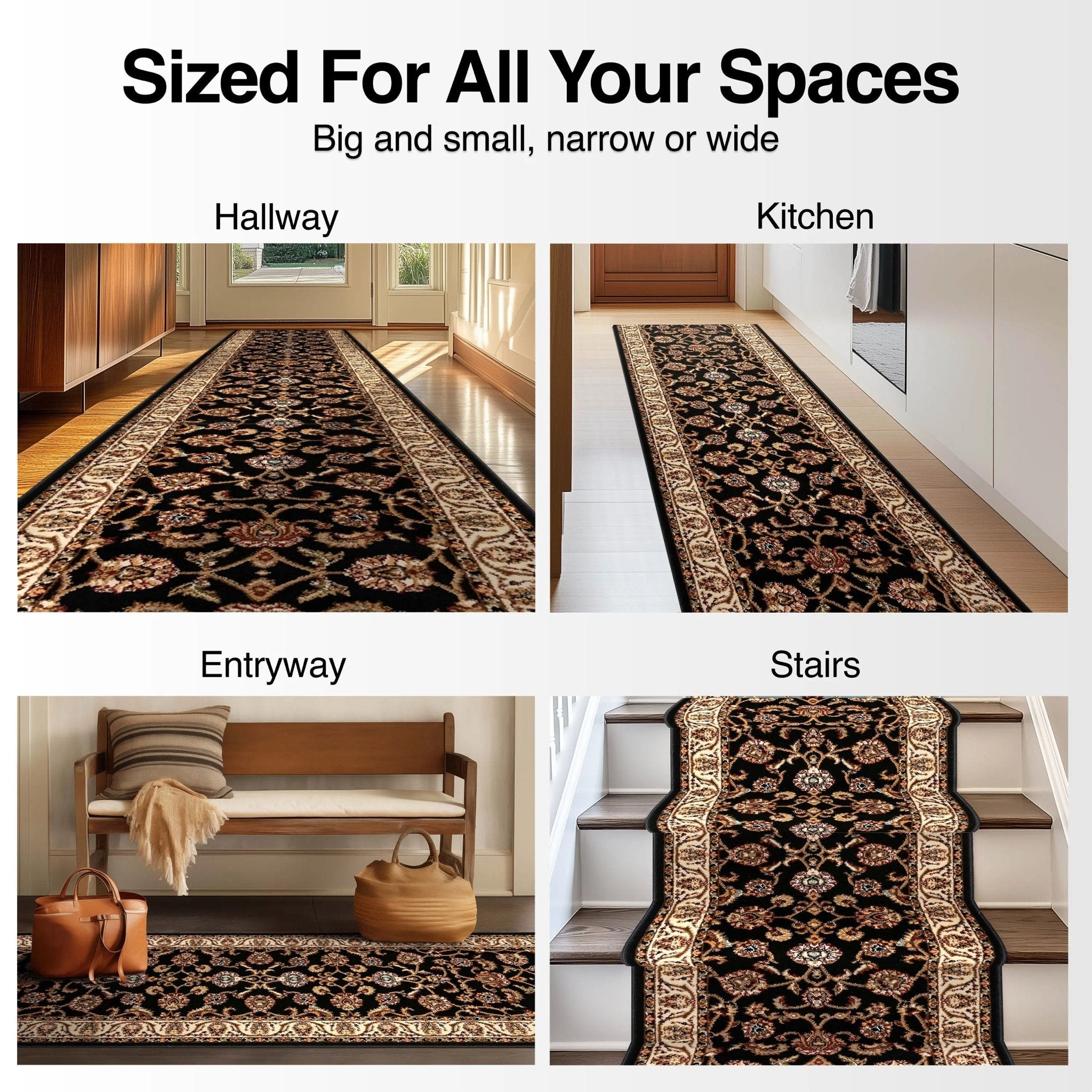 Sarouk Custom Size Runner Traditional Black 27 Inch Wide x Choose Your Length Hallway Runner Rug Well Woven