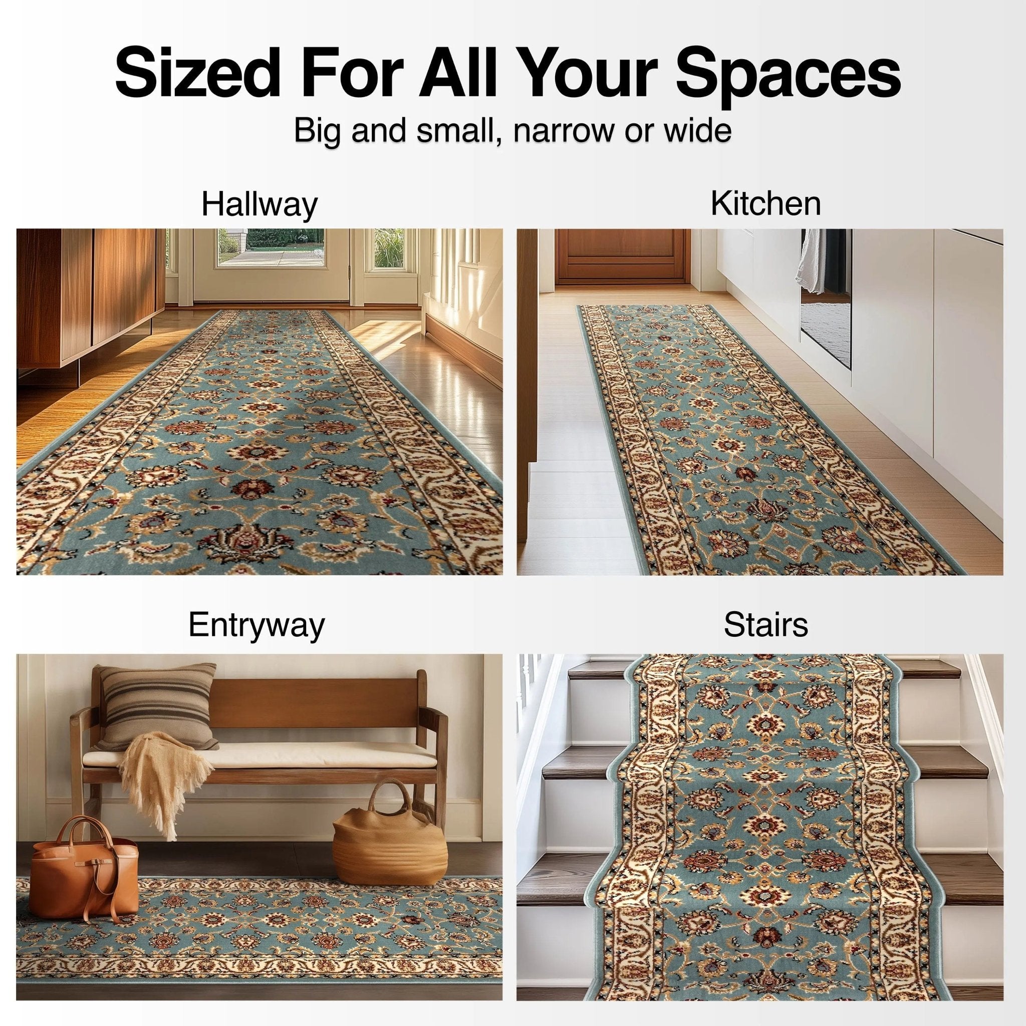 Sarouk Custom Size Runner Traditional Light Blue 27 Inch Wide x Choose Your Length Hallway Runner Rug Well Woven