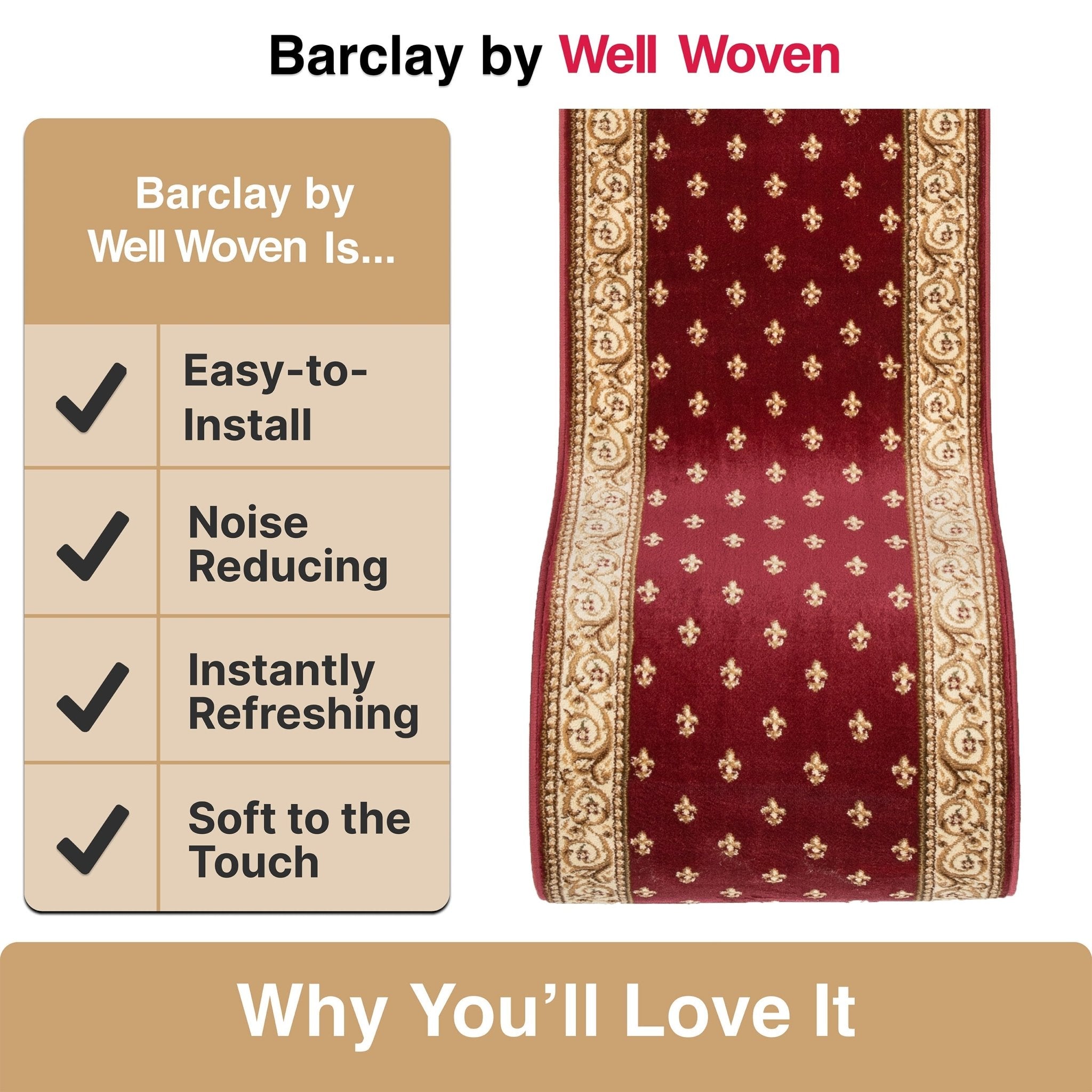 Custom Size Hallway & Stair Runner Fleur de Lis Traditional Red 27 Inch Wide x Choose Your Custom Length Runner Rug Well Woven