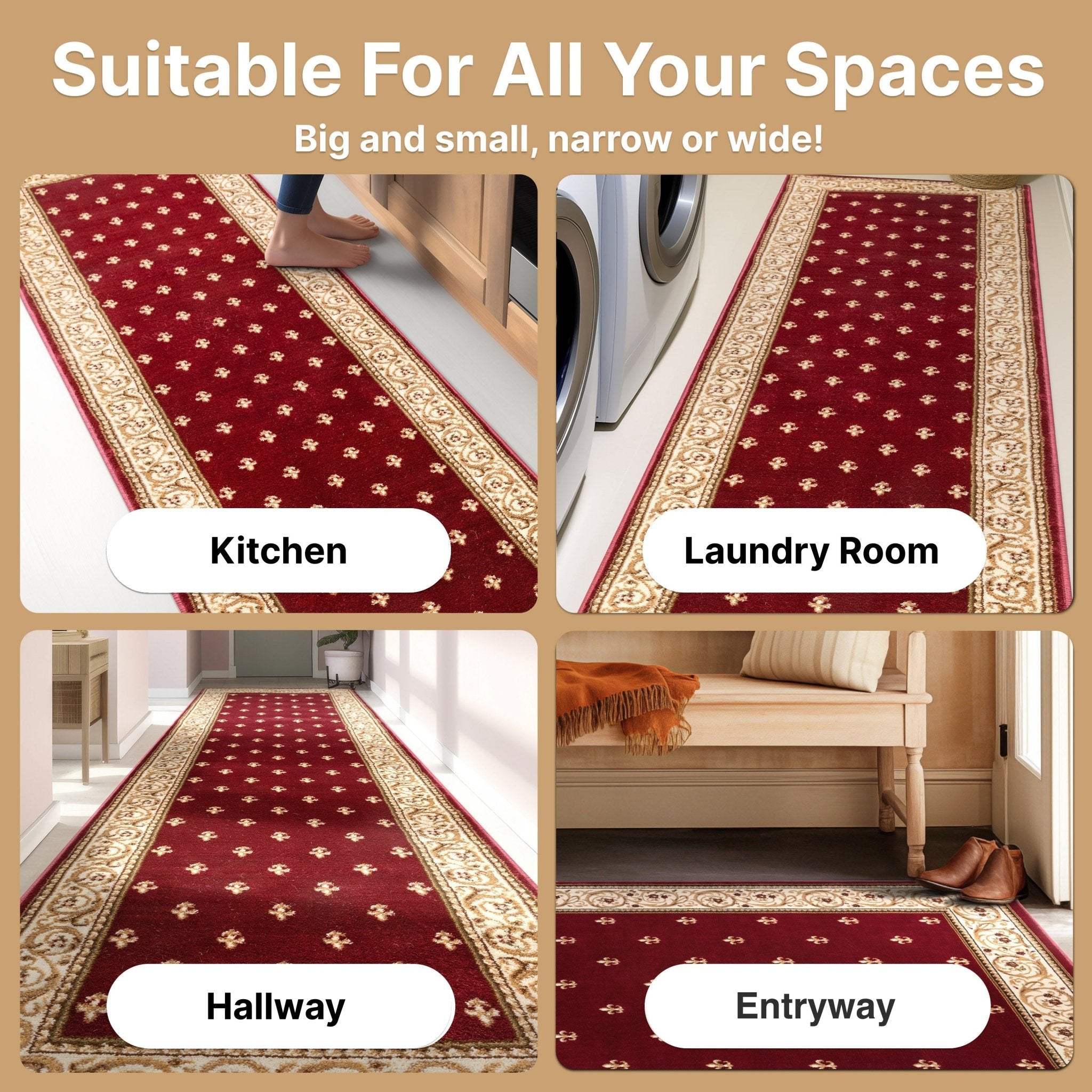 Custom Size Hallway & Stair Runner Fleur de Lis Traditional Red 27 Inch Wide x Choose Your Custom Length Runner Rug Well Woven