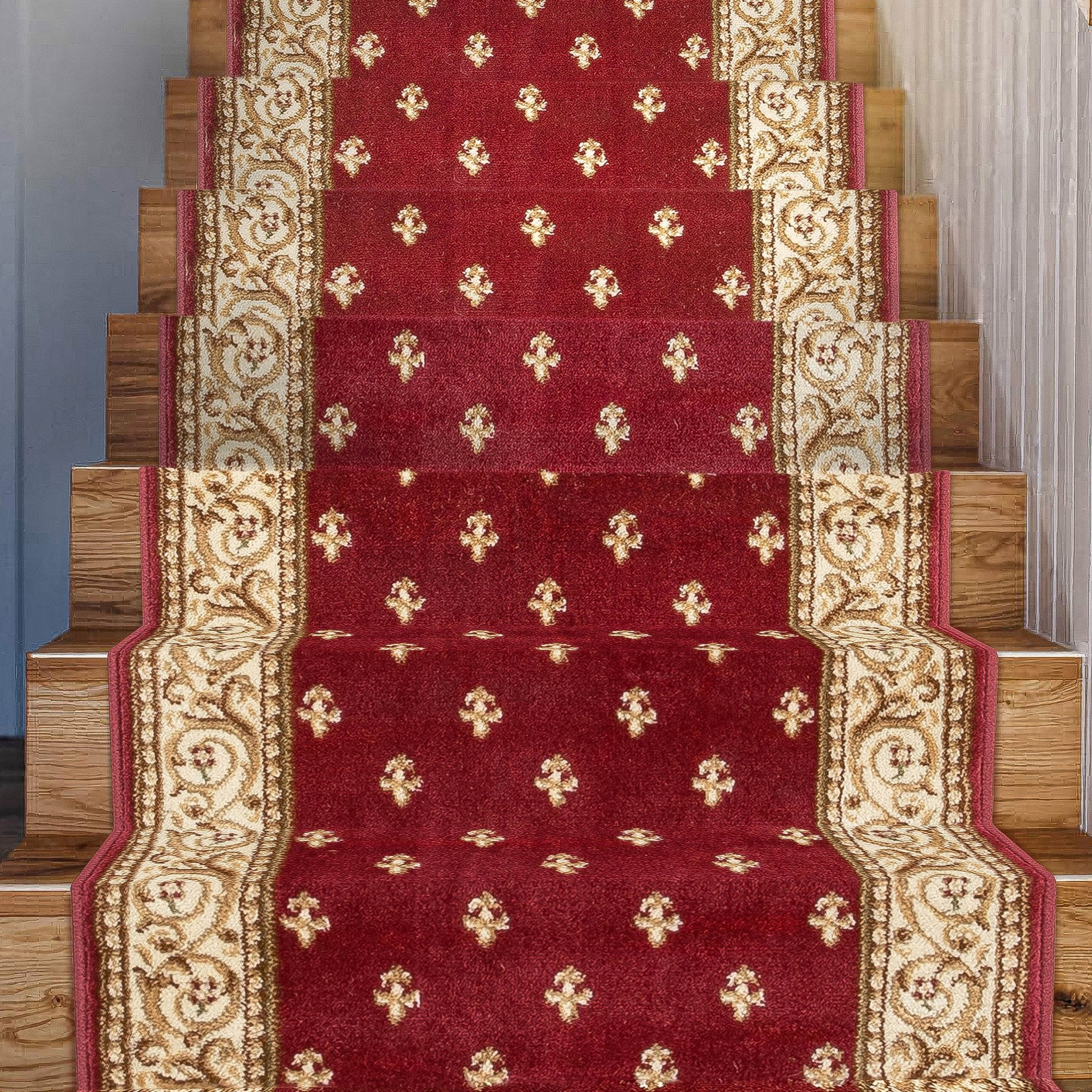Custom Size Hallway & Stair Runner Fleur de Lis Traditional Red 27 Inch Wide x Choose Your Custom Length Runner Rug Well Woven