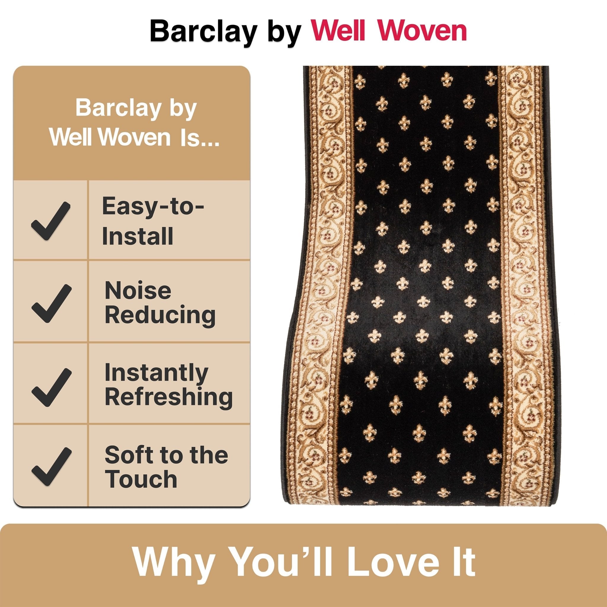 Custom Size Hallway & Stair Runner Fleur de Lis Traditional Black  27 Inch Wide x Choose Your Custom Length Runner Rug Well Woven