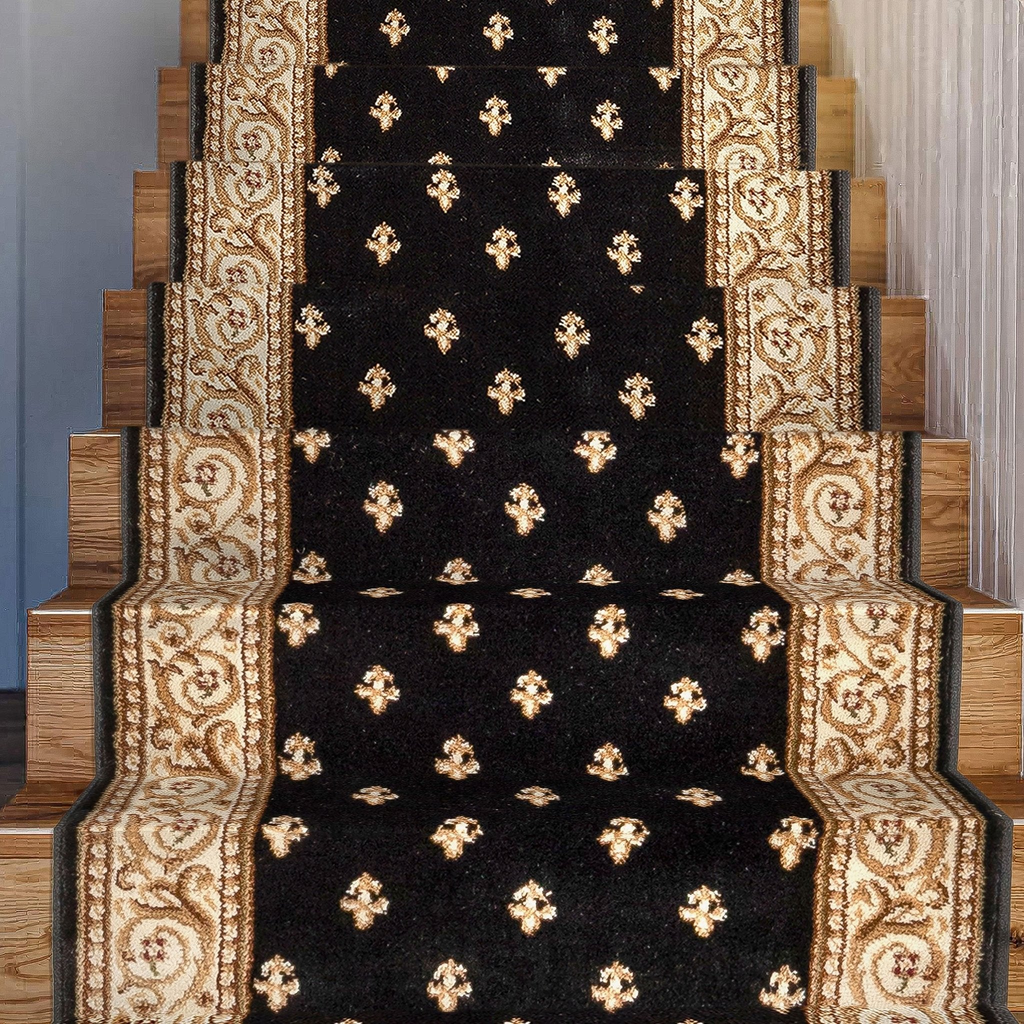 Custom Size Hallway & Stair Runner Fleur de Lis Traditional Black  27 Inch Wide x Choose Your Custom Length Runner Rug Well Woven