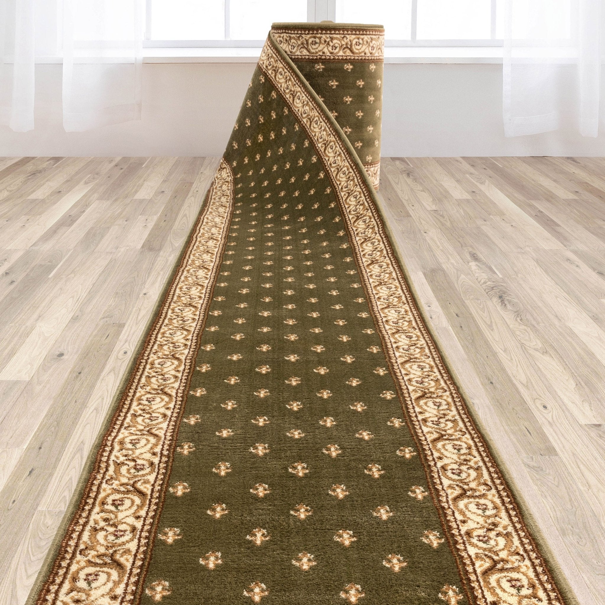Custom Size Hallway & Stair Runner Fleur de Lis Traditional Green 27 Inch Wide x Choose Your Custom Length Runner Rug Well Woven