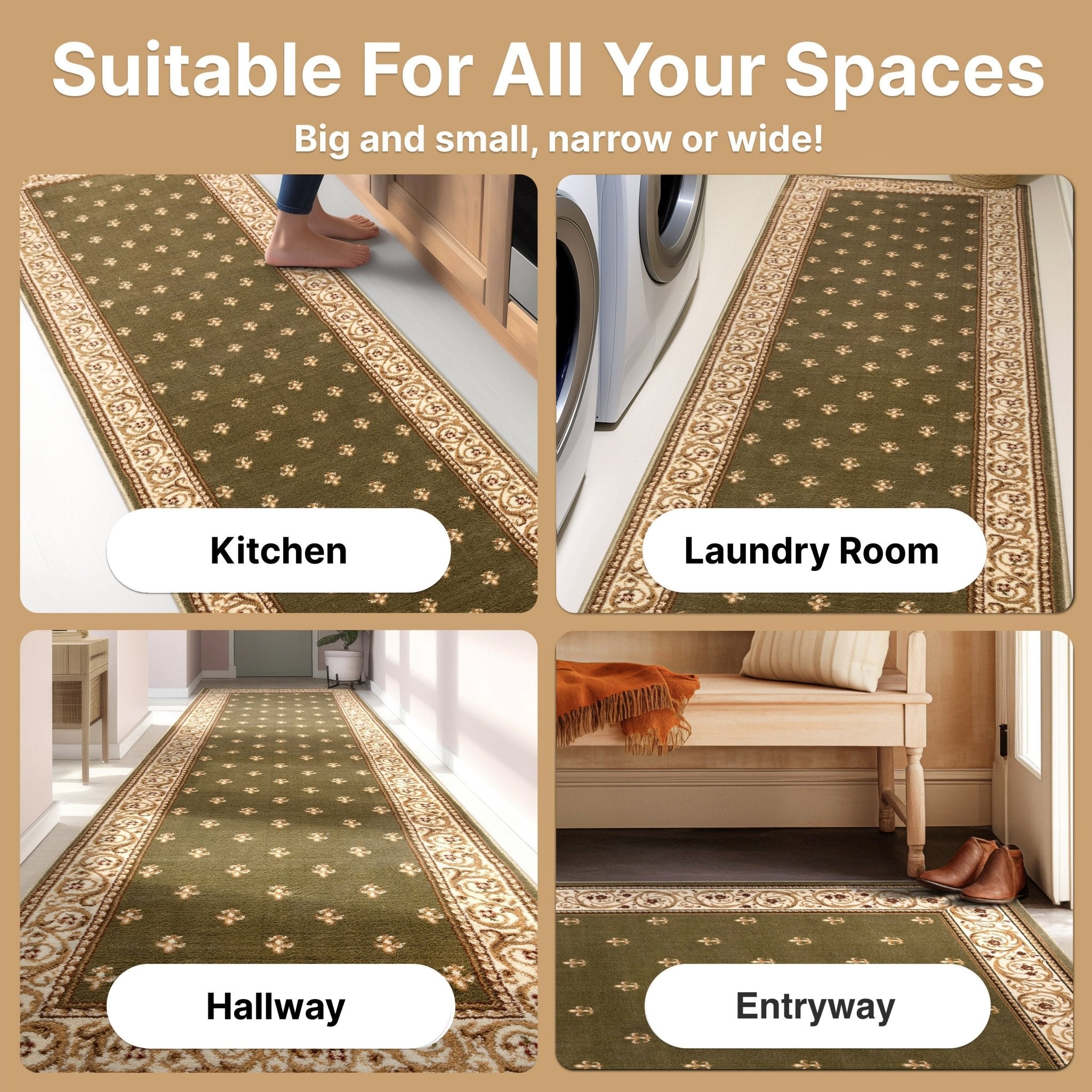 Custom Size Hallway & Stair Runner Fleur de Lis Traditional Green 27 Inch Wide x Choose Your Custom Length Runner Rug Well Woven