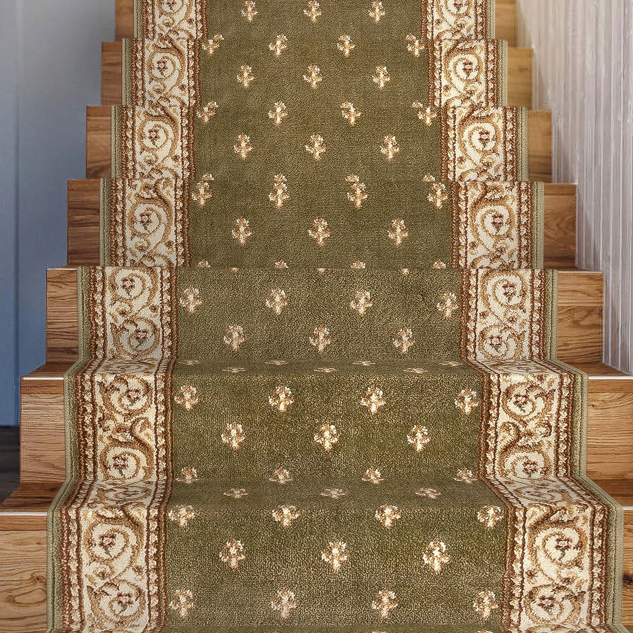 Custom Size Hallway & Stair Runner Fleur de Lis Traditional Green 27 Inch Wide x Choose Your Custom Length Runner Rug Well Woven