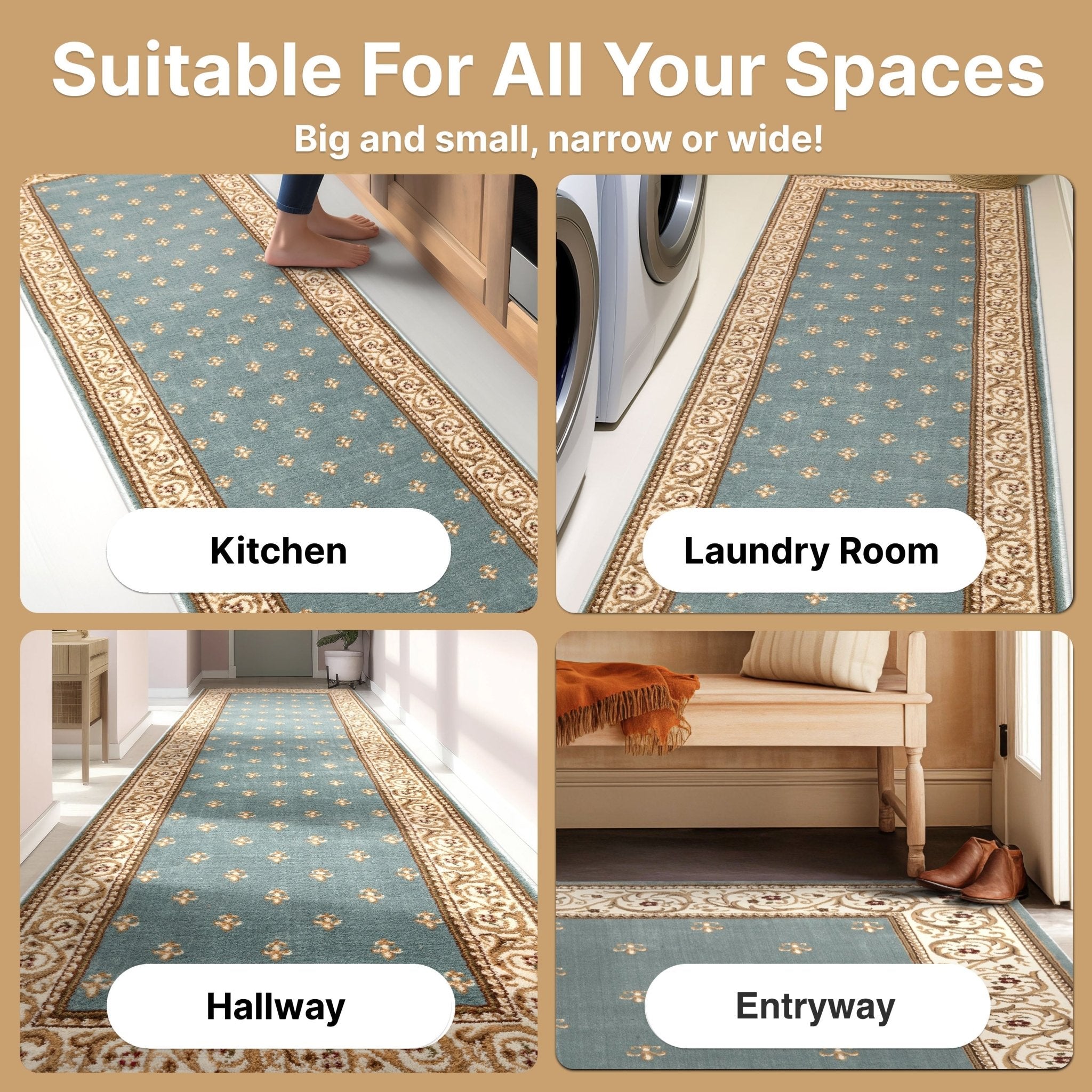 Custom Size Hallway & Stair Runner Fleur de Lis Traditional Light Blue 27 Inch Wide x Choose Your Custom Length Runner Rug Well Woven