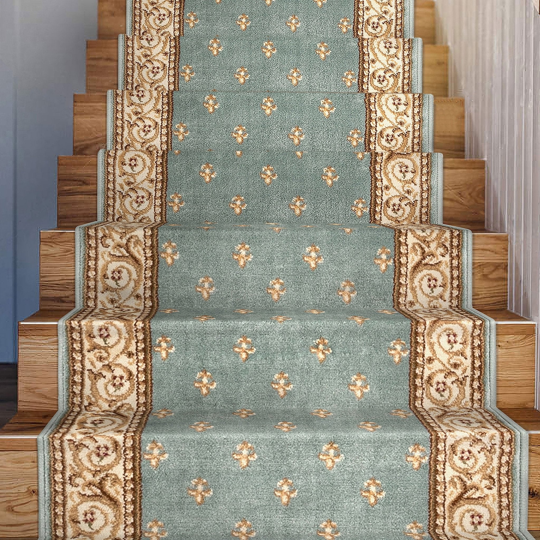 Custom Size Hallway & Stair Runner Fleur de Lis Traditional Light Blue  27 Inch Wide x Choose Your Custom Length Runner Rug Well Woven