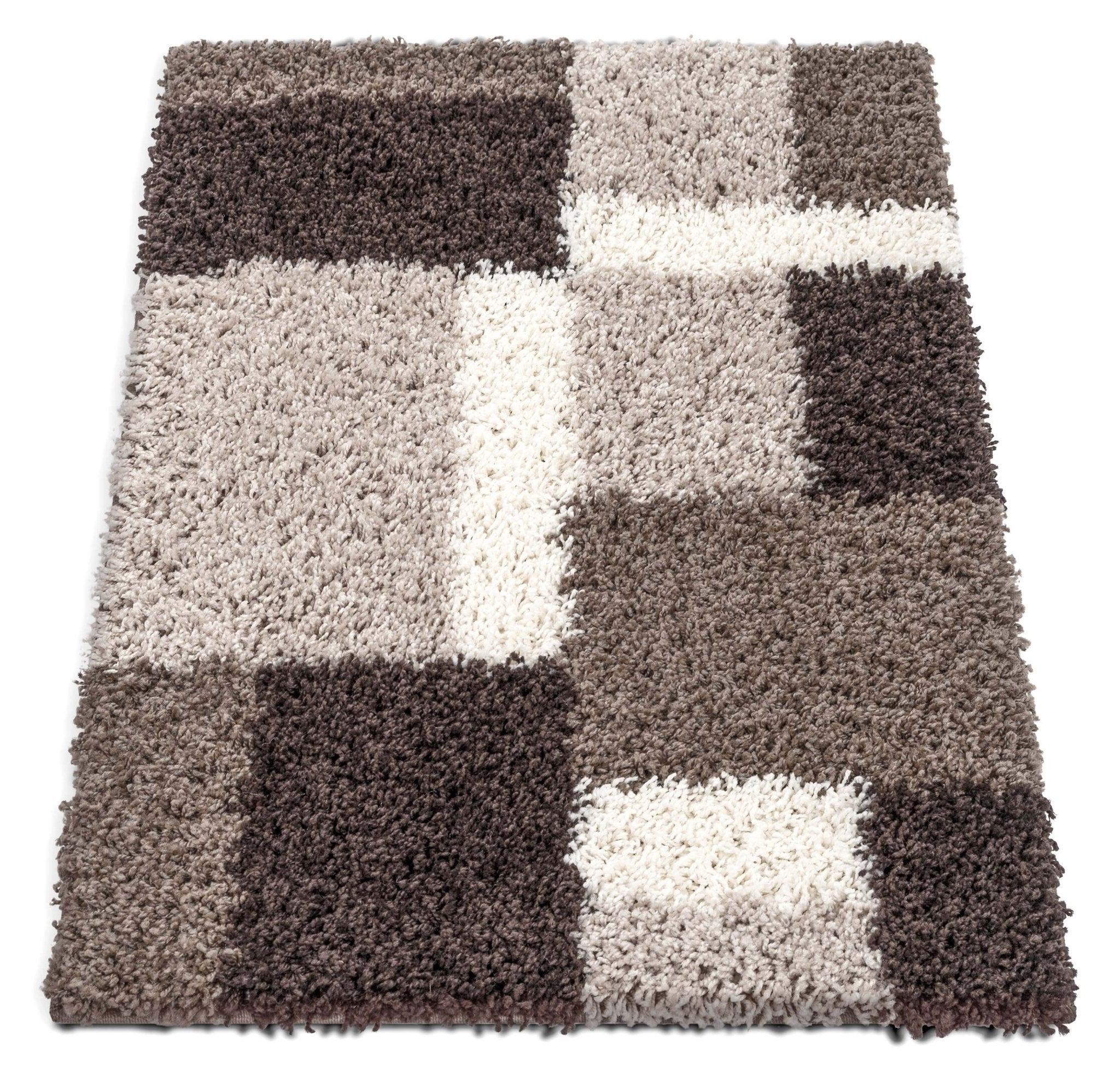 Cubes Beige Brown Modern Geo Rug - Well Woven - Full overhead shot of the rectangular shag rug, highlighting its thick, high-pile surface and modern square design.