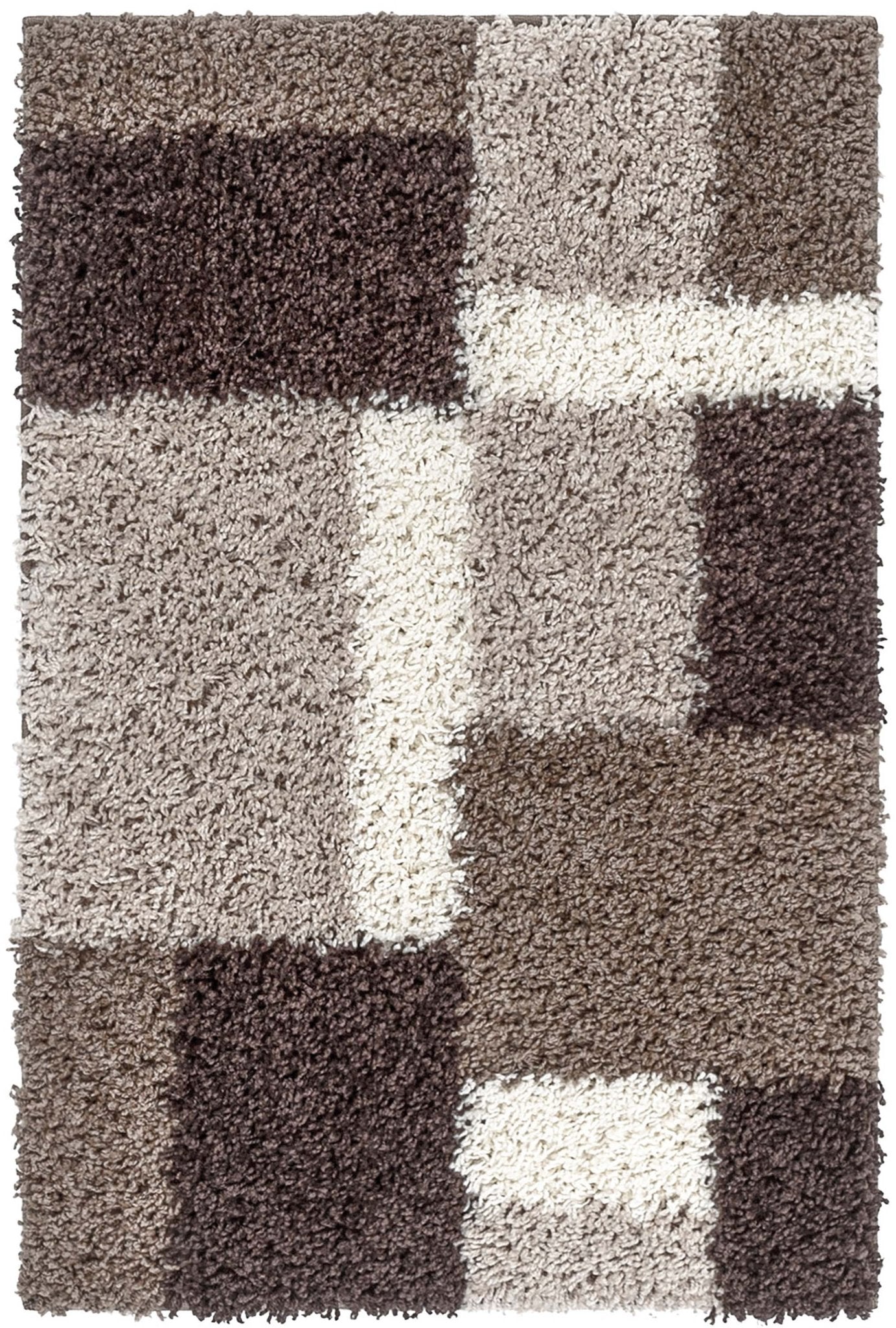 Cubes Beige Brown Modern Geo Rug - Well Woven - Overhead detail of the rug's pattern, showing large textured blocks in varying shades of brown, taupe, and cream.