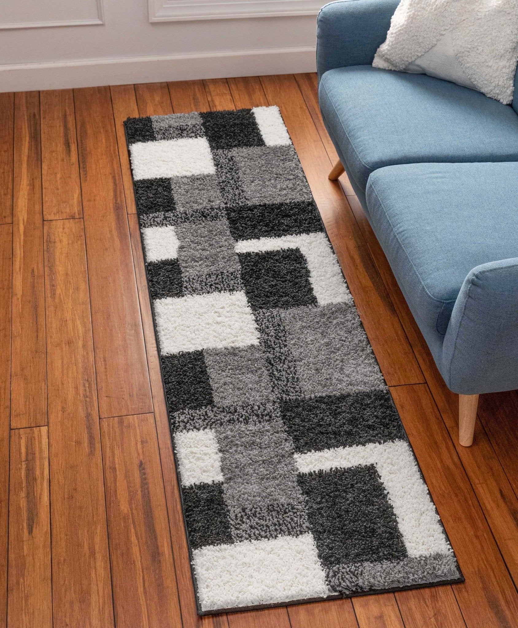 Cubes Black Contemporary Rug - Well Woven - Grey and white shag runner rug in a living room