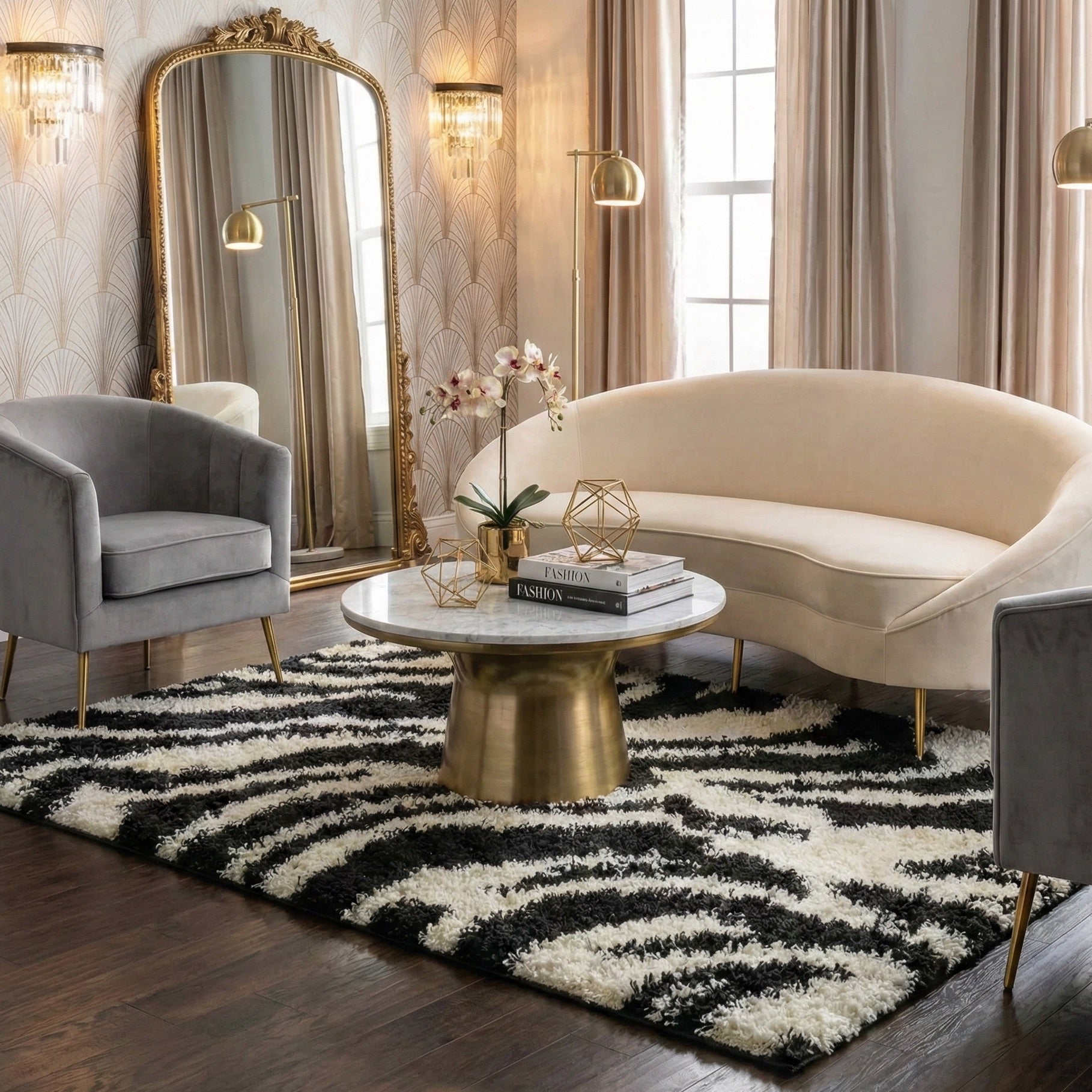 7033 - Modern living room with a black and white zebra rug, beige sofa, and gray armchair.