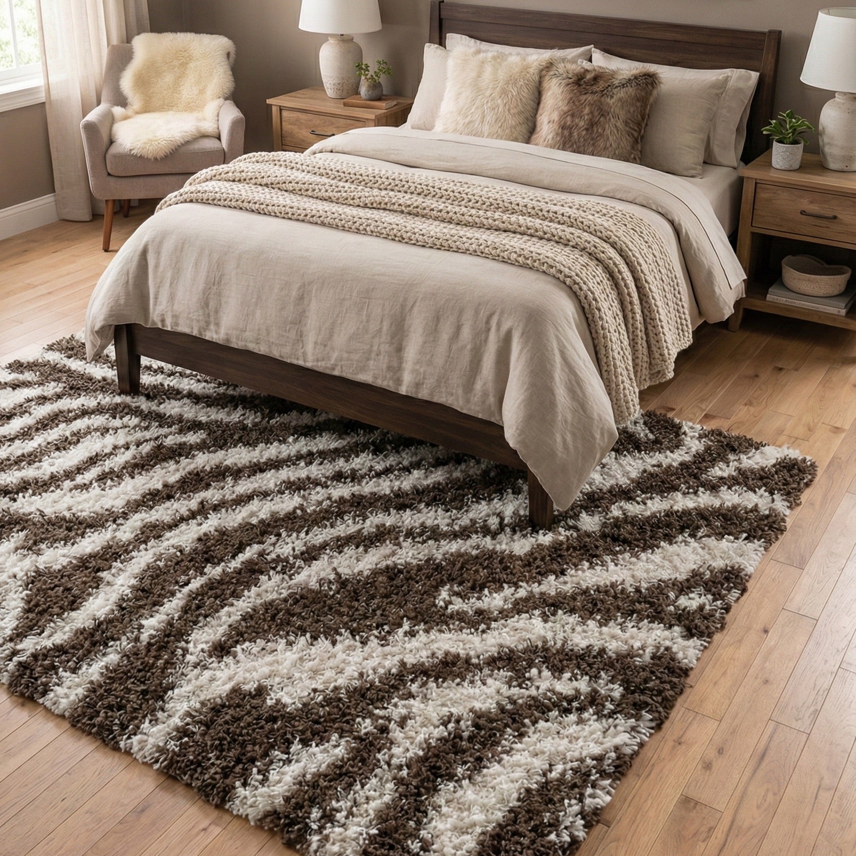 7038 - Bedroom with a bed, shag rug with zebra stripes, and side tables in a home setting