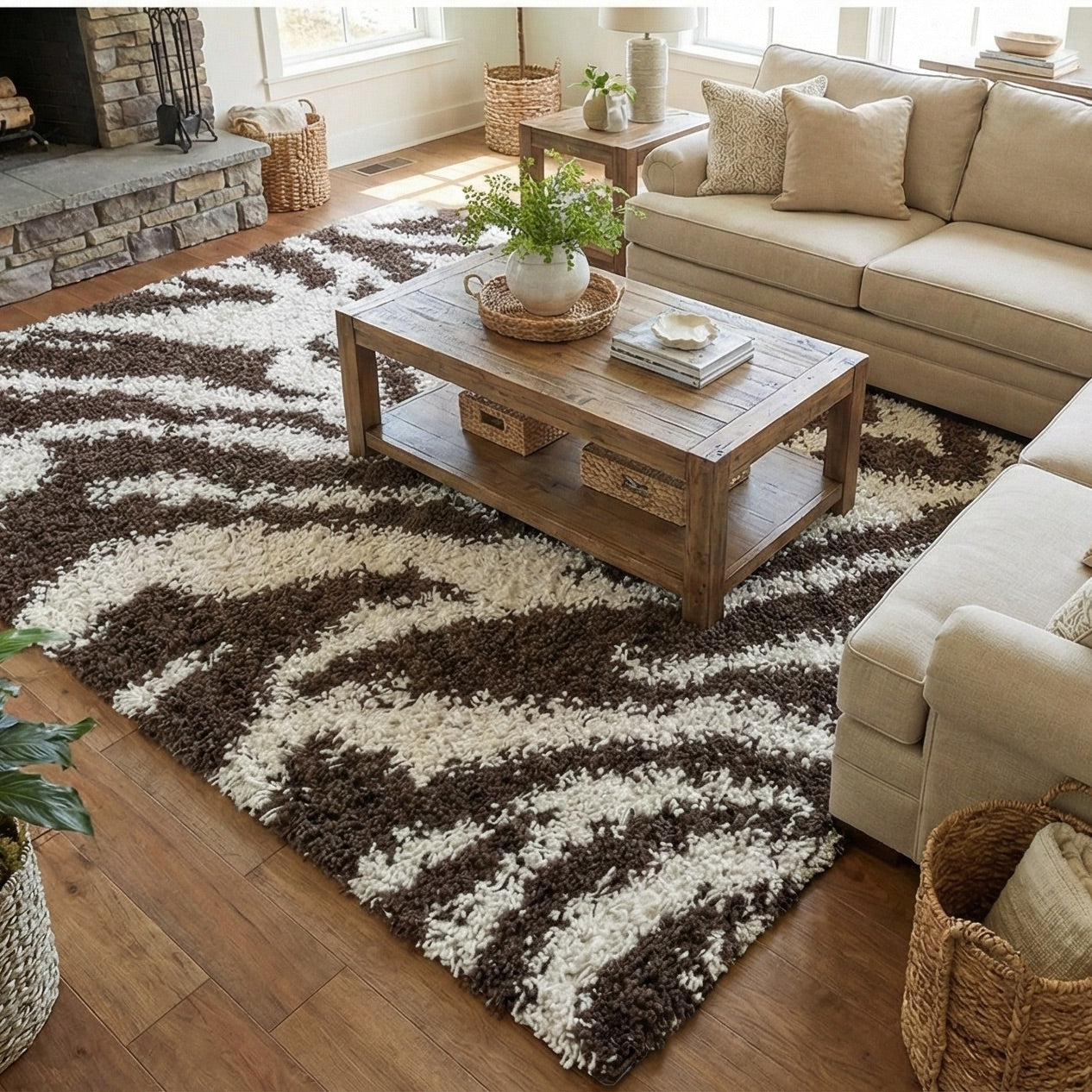 7038 - Living room with a zebra print shag rug, wooden coffee table, and beige sofa.