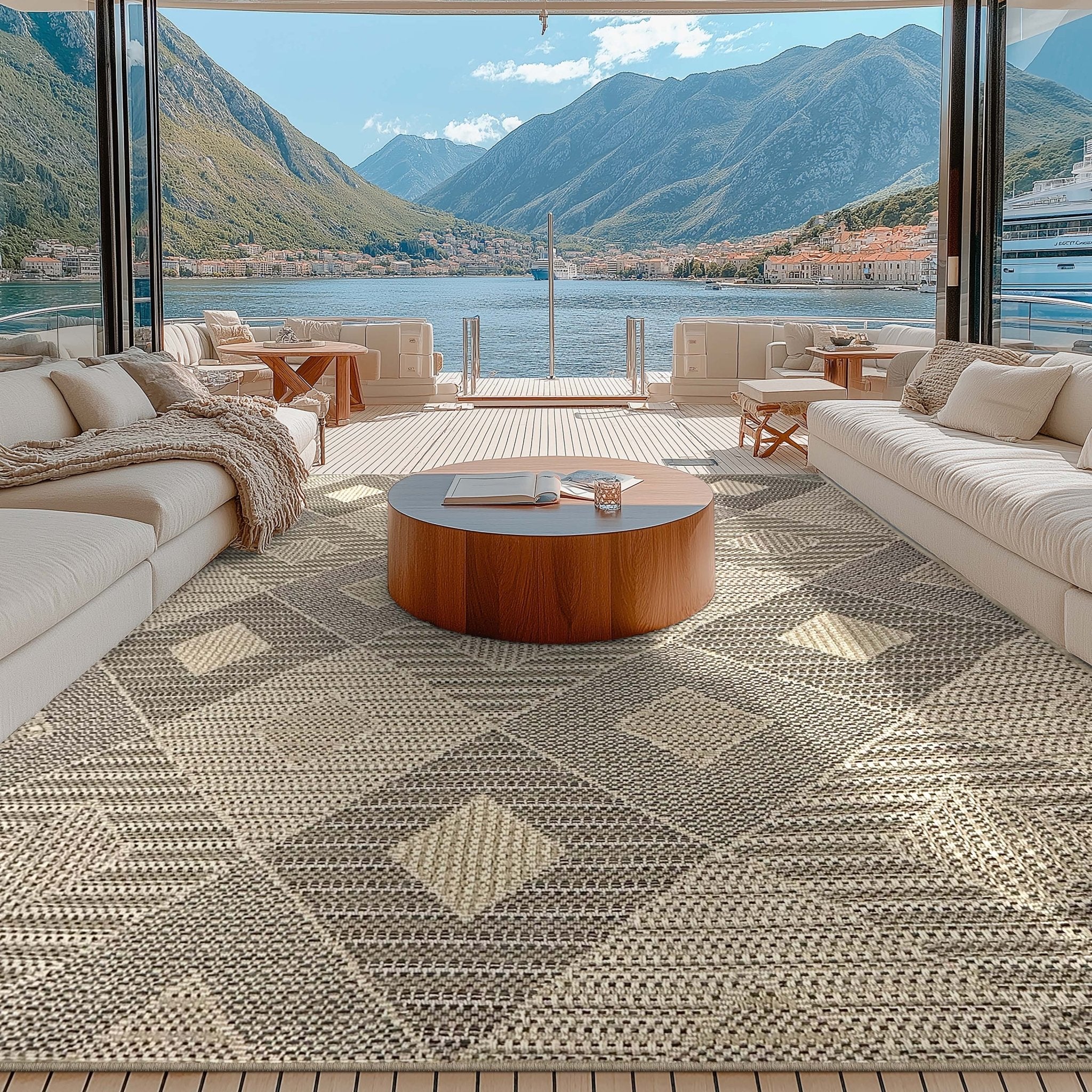 Heritage Diamond Pattern Indoor Outdoor Natural Brown Textured Rug AL-272 - Well Woven - In a coastal setting