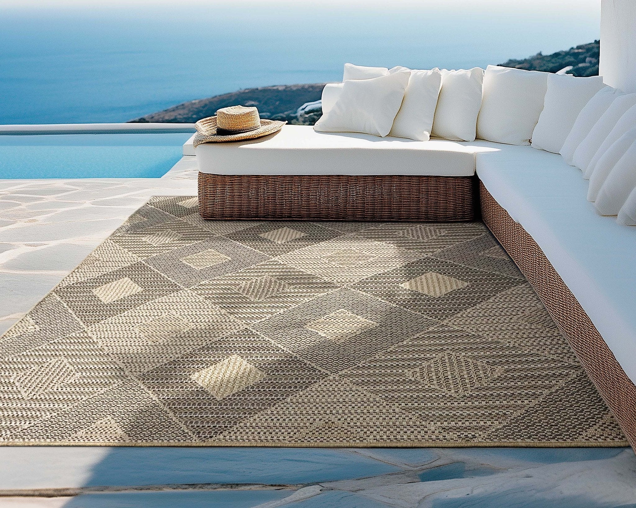 Heritage Diamond Pattern Indoor Outdoor Natural Brown Textured Rug AL-272 - Well Woven - By a pool