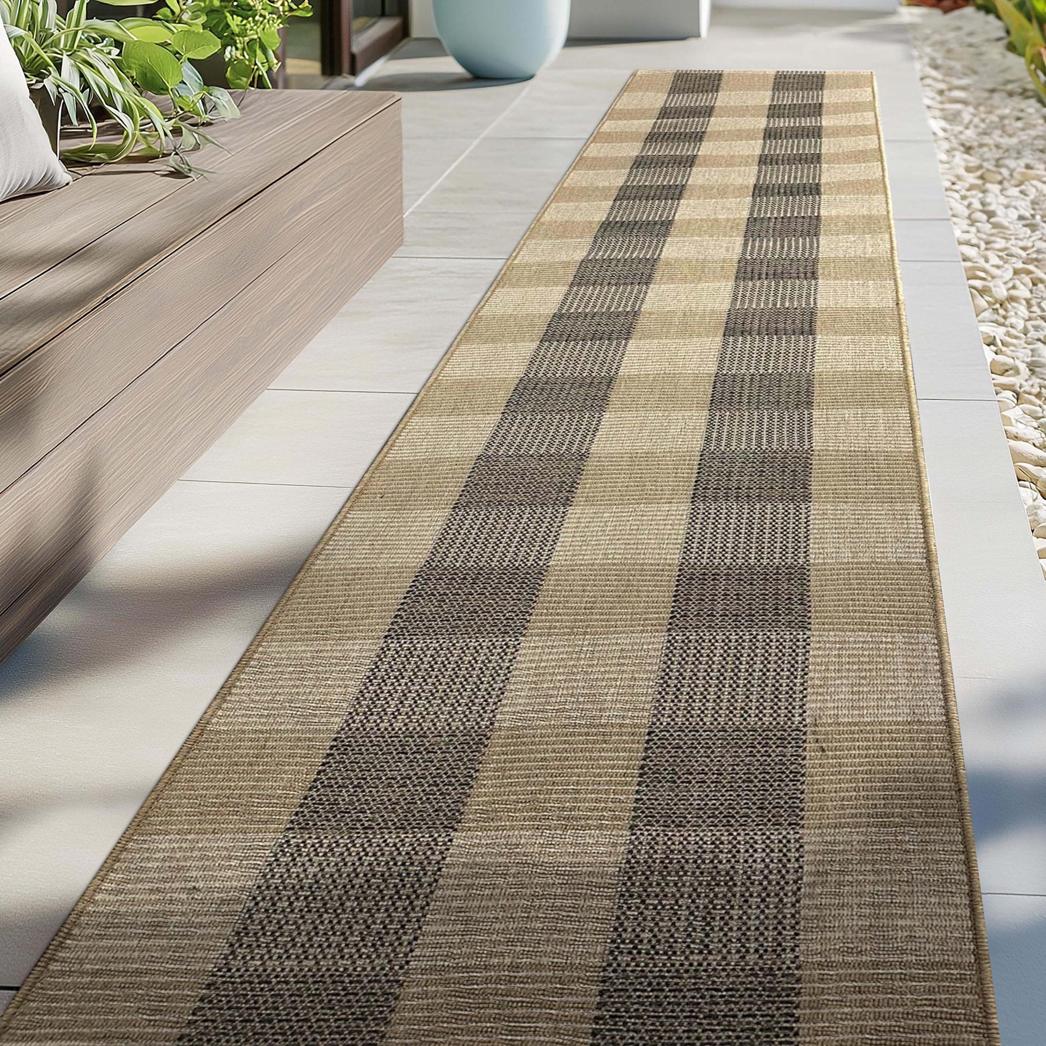 Alto Plaid Custom Size Indoor/Outdoor Runner 27 Inches Width x Choose Your Runner Length - Well Woven - On a sidewalk