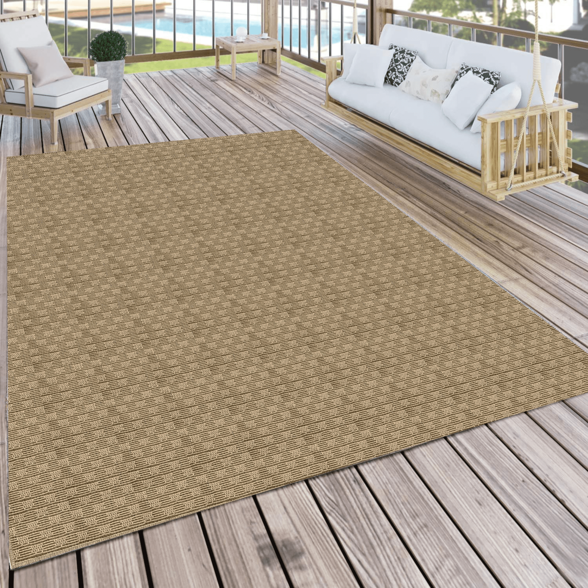Alto Textures Custom Outdoor/Indoor Flat-Pile Rug - Personalized Sizes, Easy Maintenance - Well Woven - Natural rug on a wooden deck