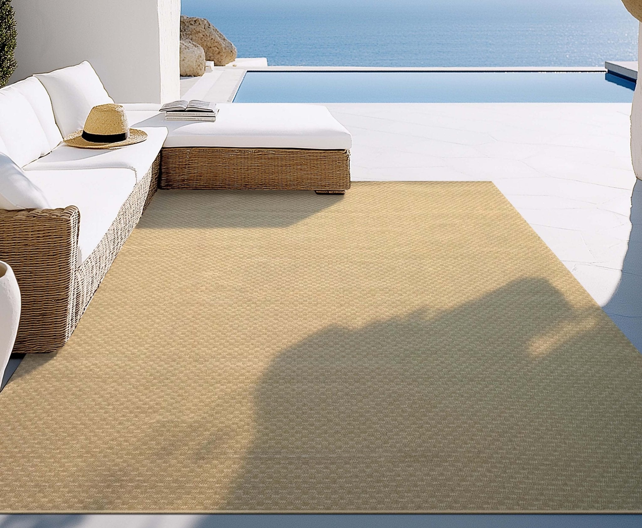 Alto Textures Custom Outdoor/Indoor Flat-Pile Rug - Personalized Sizes, Easy Maintenance - Well Woven - Natural - Next to a pool