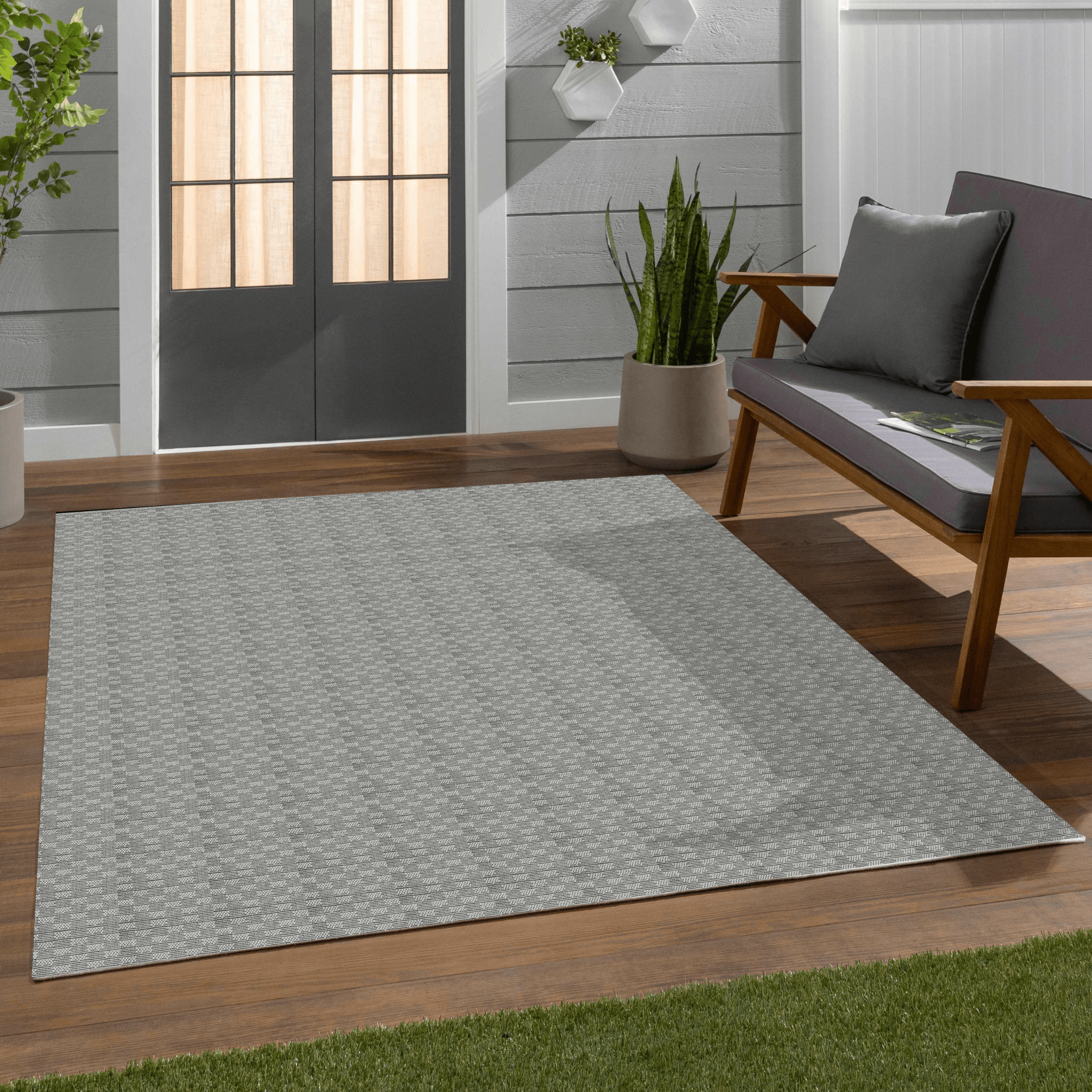 Alto Textures Custom Outdoor/Indoor Flat-Pile Rug - Personalized Sizes, Easy Maintenance - Well Woven - Grey rug in an entryway