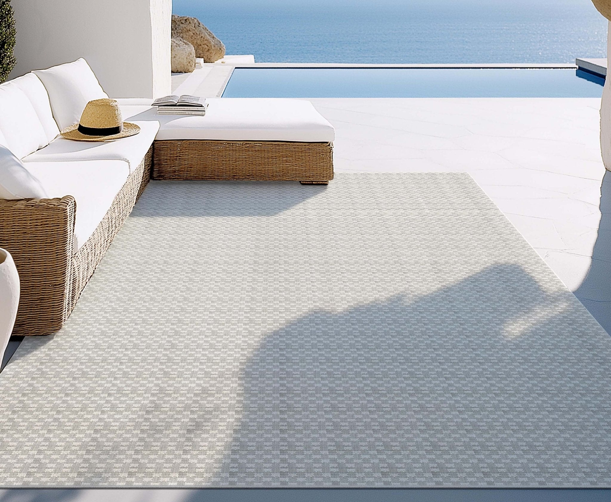 Alto Textures Custom Outdoor/Indoor Flat-Pile Rug - Personalized Sizes, Easy Maintenance - Well Woven - Grey rug near a pool