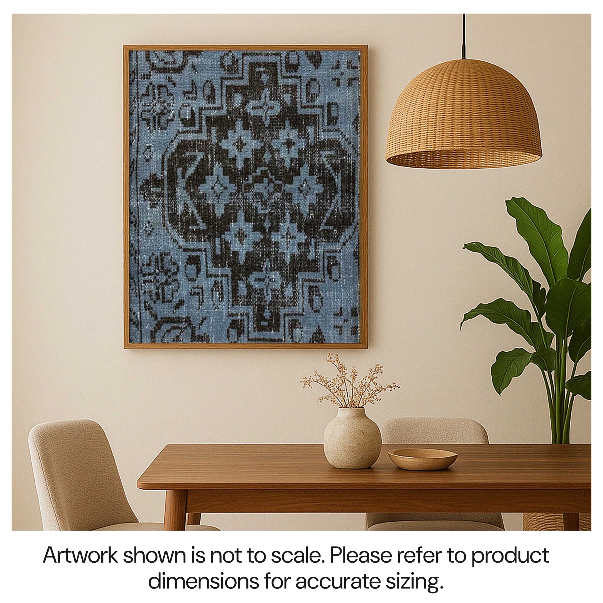 WellArt Bansi sustainable framed textile art hanging on the wall in a modern dining room.