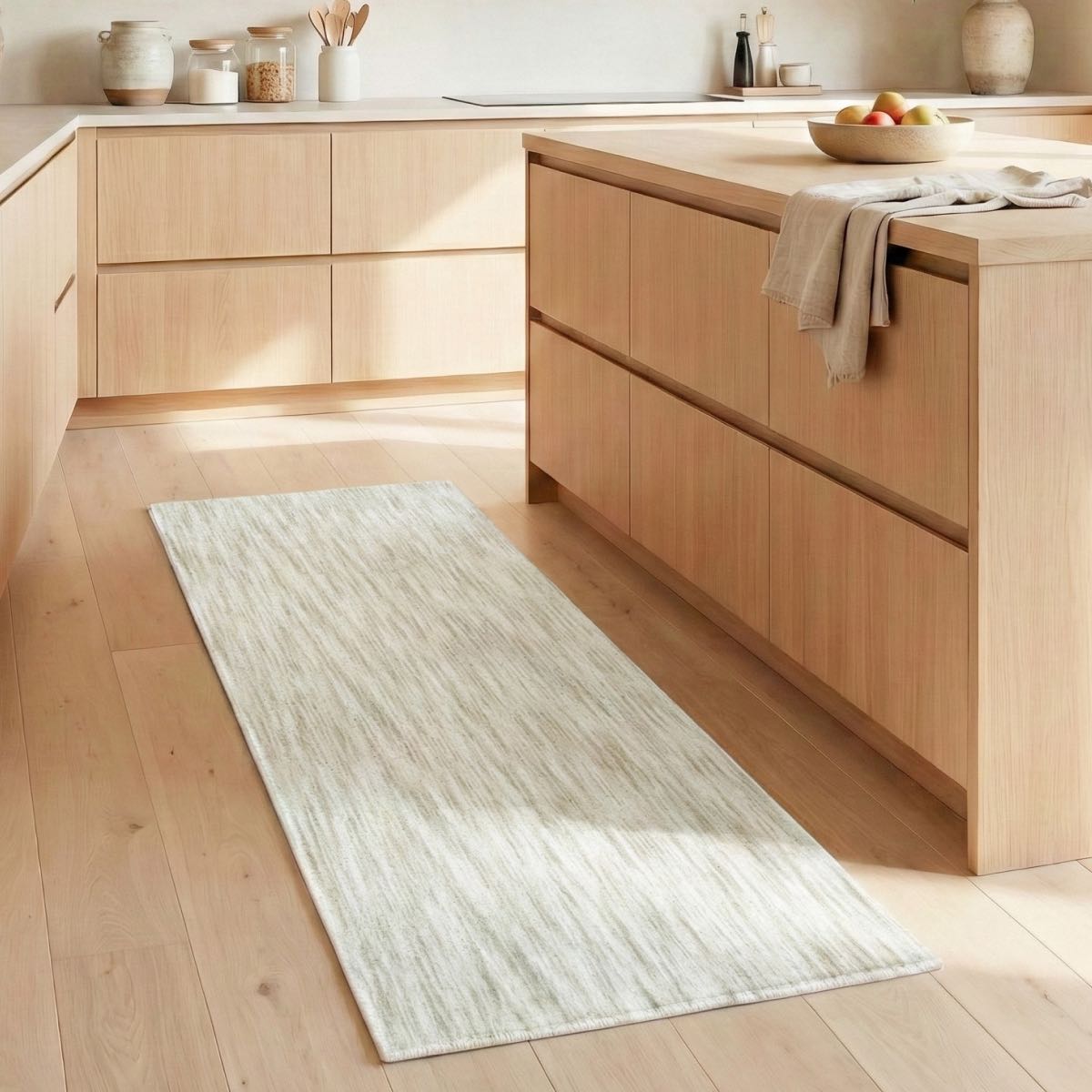 COD-12 - Japandi Kitchen with wooden cabinets and a long off-white, washable rectangular runner rug on the floor.