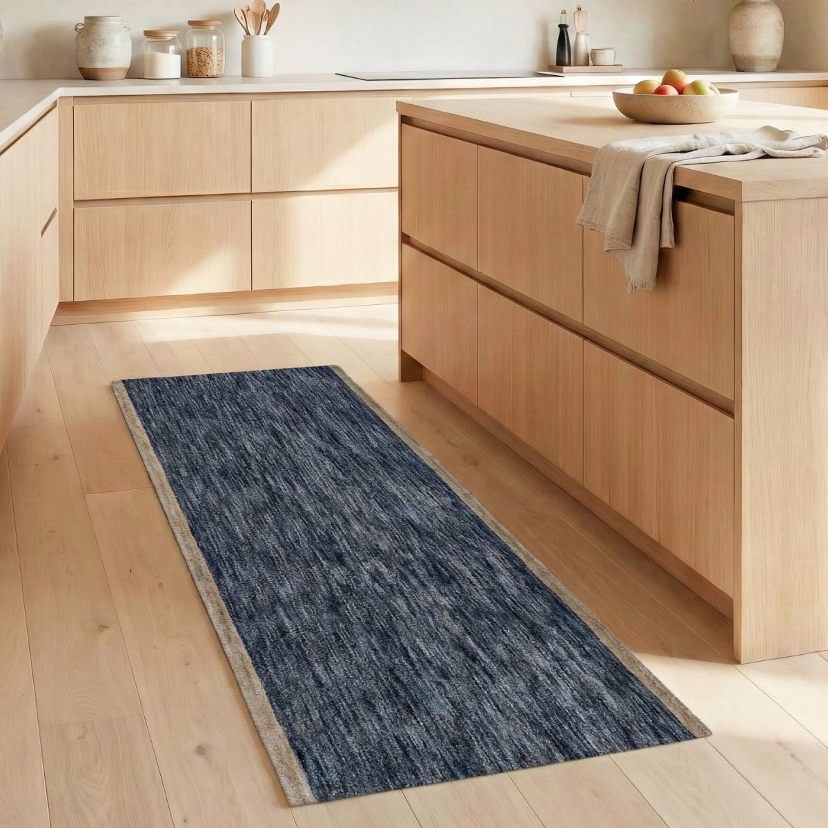 COD-13 - Blue and brown runner rug on a wooden floor in a Japandi style kitchen with light wood cabinets.