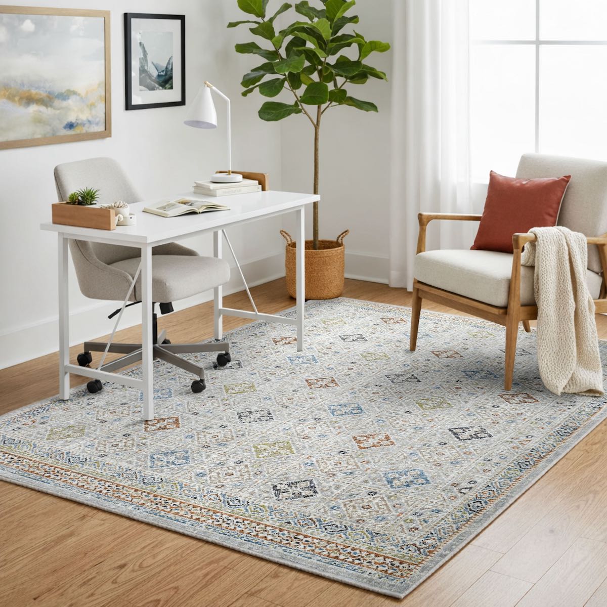 COD-21 Well Woven Mere Washable Rug - Home office with a patterned washable rug, desk, chair, and armchair.