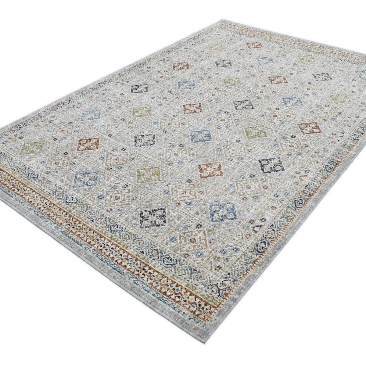 COD-21 Well Woven Mere Washable Rug: A decorative modern tribal rug with a grey base and multicolor geometric pattern on a white background