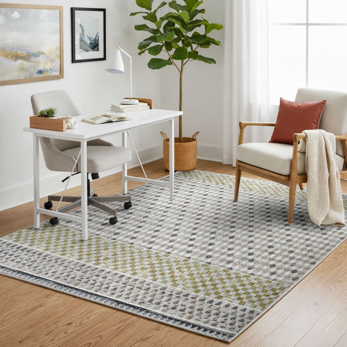 COD-31 Well Woven Wynn Washable Rug - Home offic with a green and gray washable rug, chair, and desk.