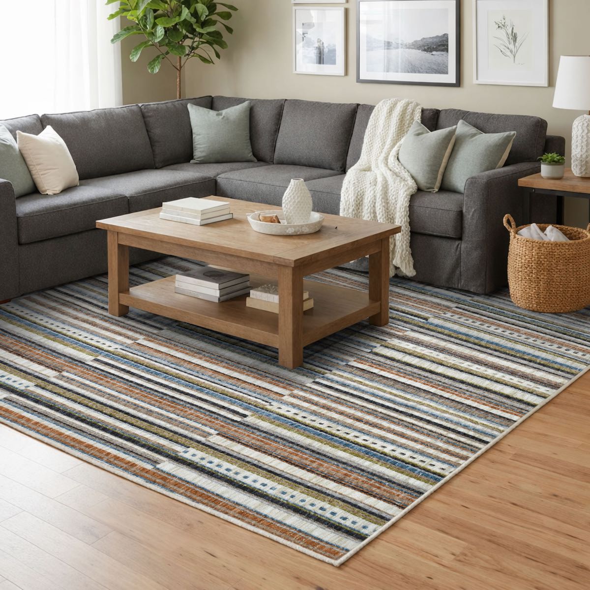 COD-41 Well Woven Thane Washable Rug - Living room with a gray sectional sofa, wooden coffee table, and plush pile striped area rug.