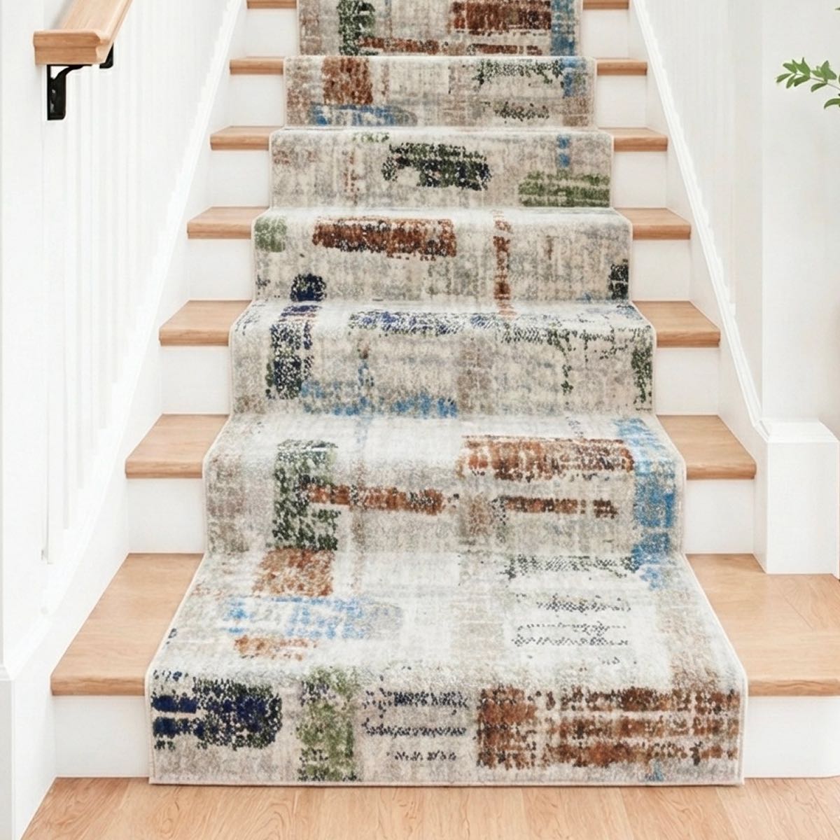 COD-51 - Washable stair runner with multicolor abstract pattern on wooden stairs