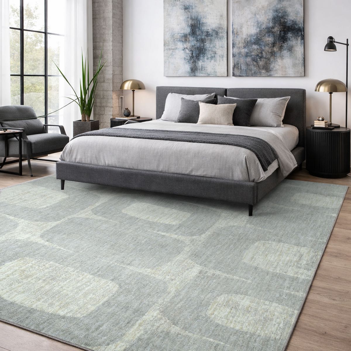 COD-72 Well Woven Wold Washable Rug - Modern bedroom with a gray bed, abstract art, and a geometric rug with stone-gray and ivory coloring.
