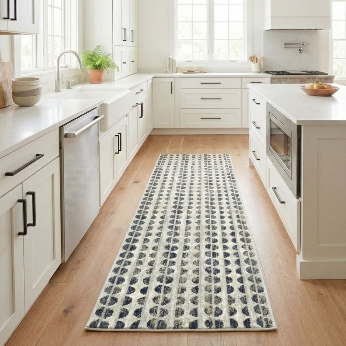 COD-81 - Kitchen with a half circle patterned runner rug on wooden floor