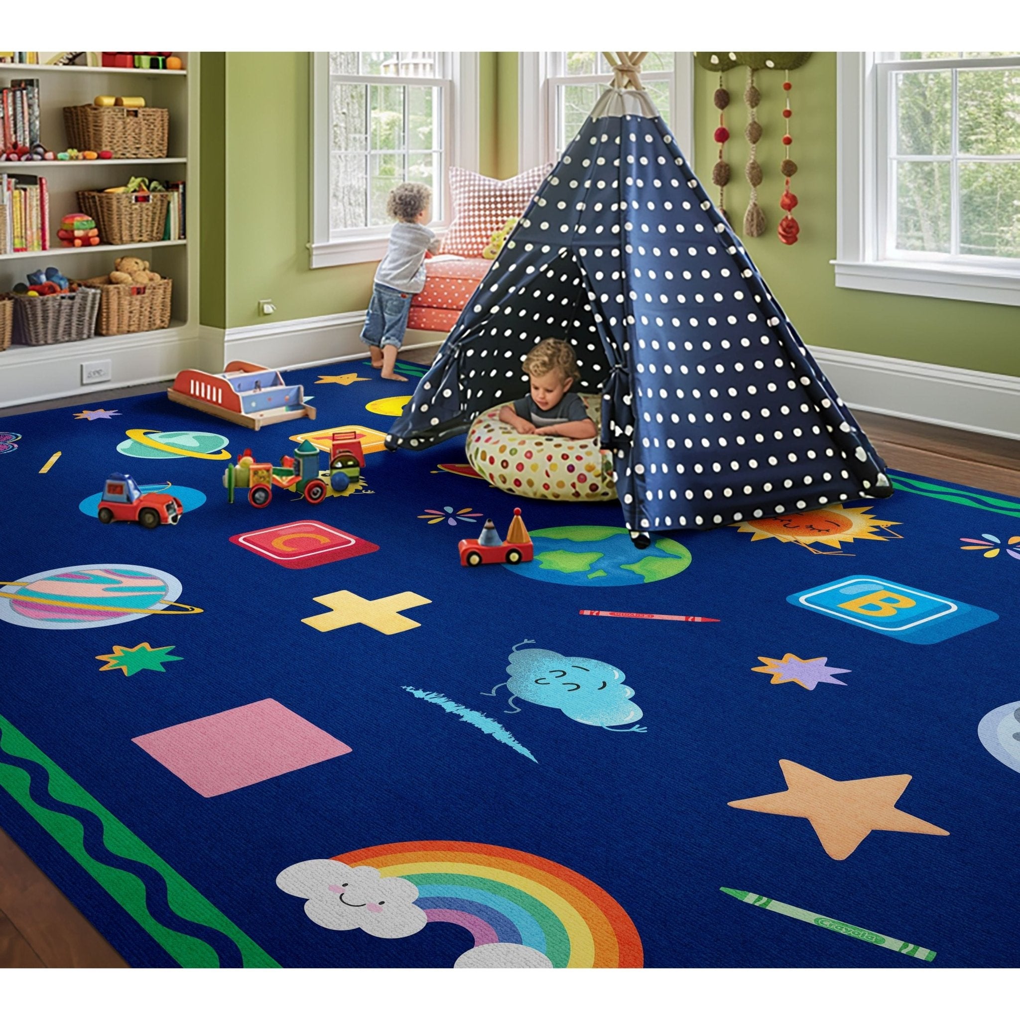 Crayola Modern Cosmic Adventure Space Theme 5' x 7' Blue Area Rug By Well Woven Well Woven