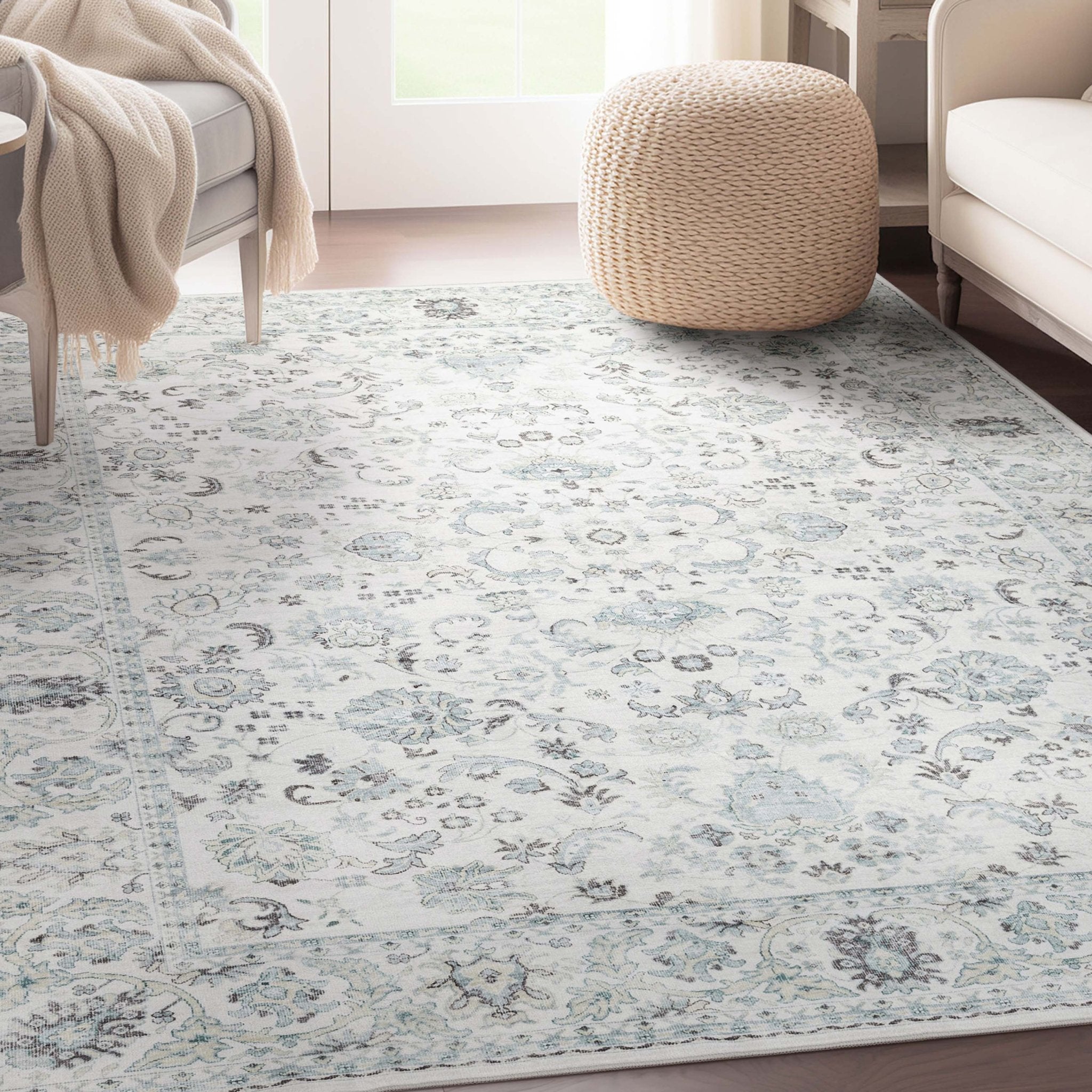 Silk Vintage Oriental Ivory Easy-Clean Washable Non-Slip Rug