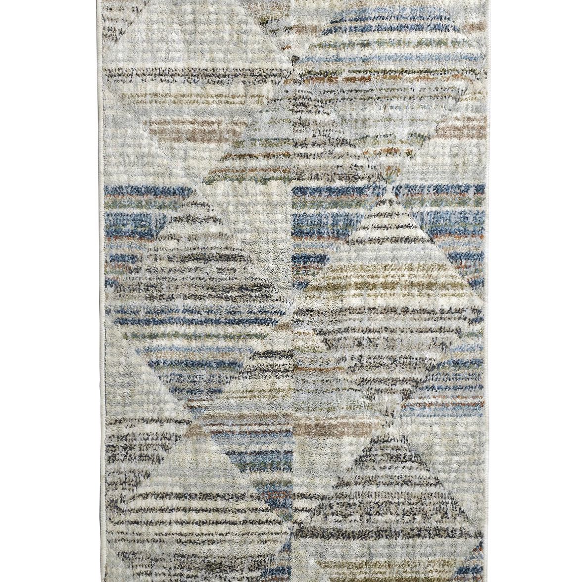 ELM-11-R Textured runner rug rug with a grey, blue and cream geometric and striped pattern on a white background