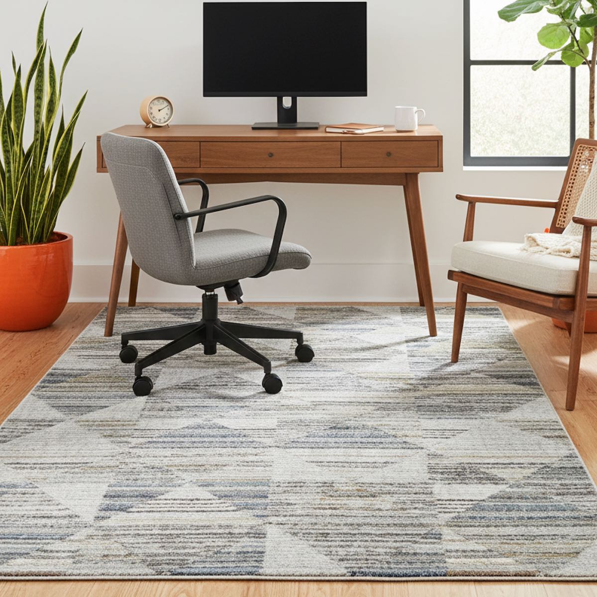 ELM-11 Well Woven Knoll Washable Area Rug: Home office with a desk, chair, and grey washable rug with pile