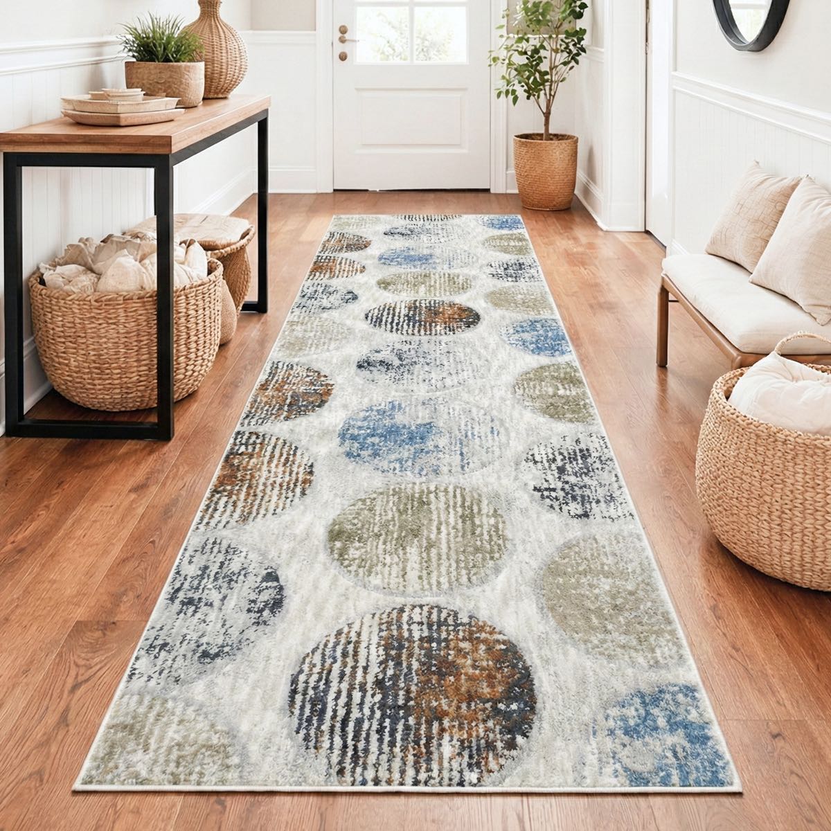 ELM-31 - Long washable runner rug on a wooden floor in a living room setting with furniture and decor.