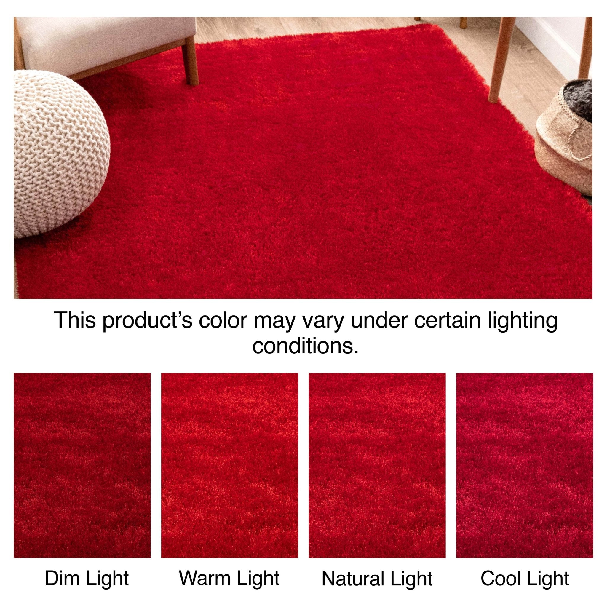 Feather Collection Liza Red Shag Rug –   Sparkly, Plush, Minimalist Glam - Well Woven - Solid red rug lighting variations