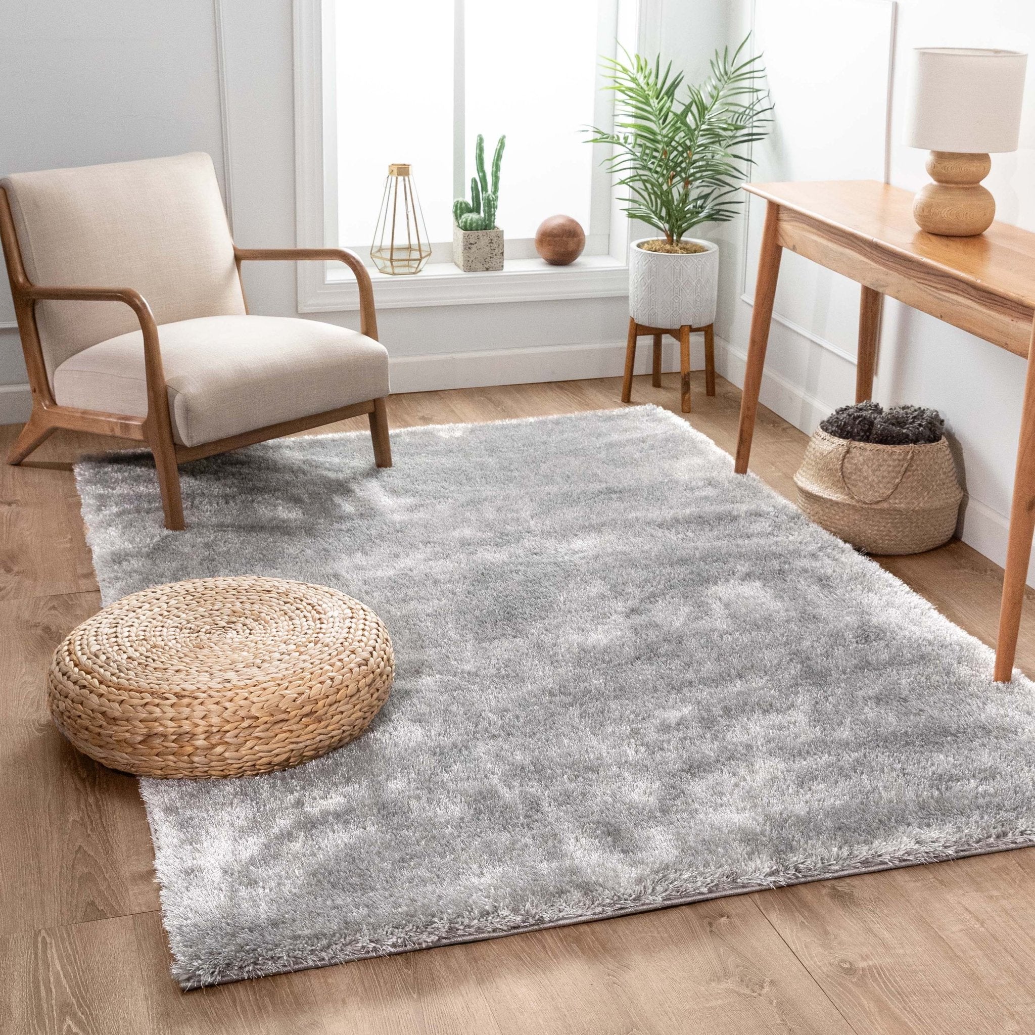 Feather Collection Liza  Silver Shag Rug –  Sparkly, Plush, Minimalist Glam - Well Woven - In a boho living room