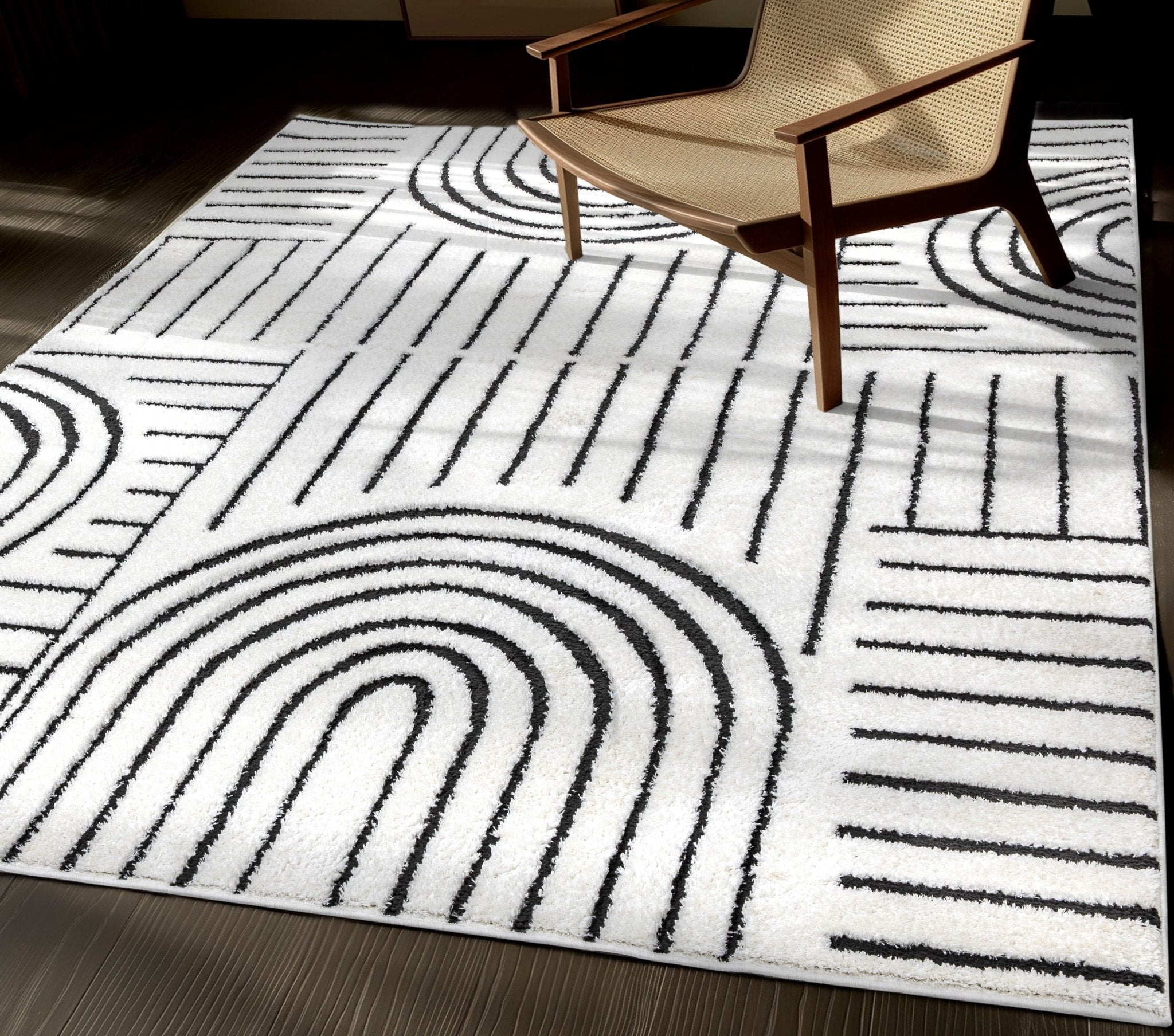 Rainbow Shag Geometric Ivory Black High-Low Rug Well Woven