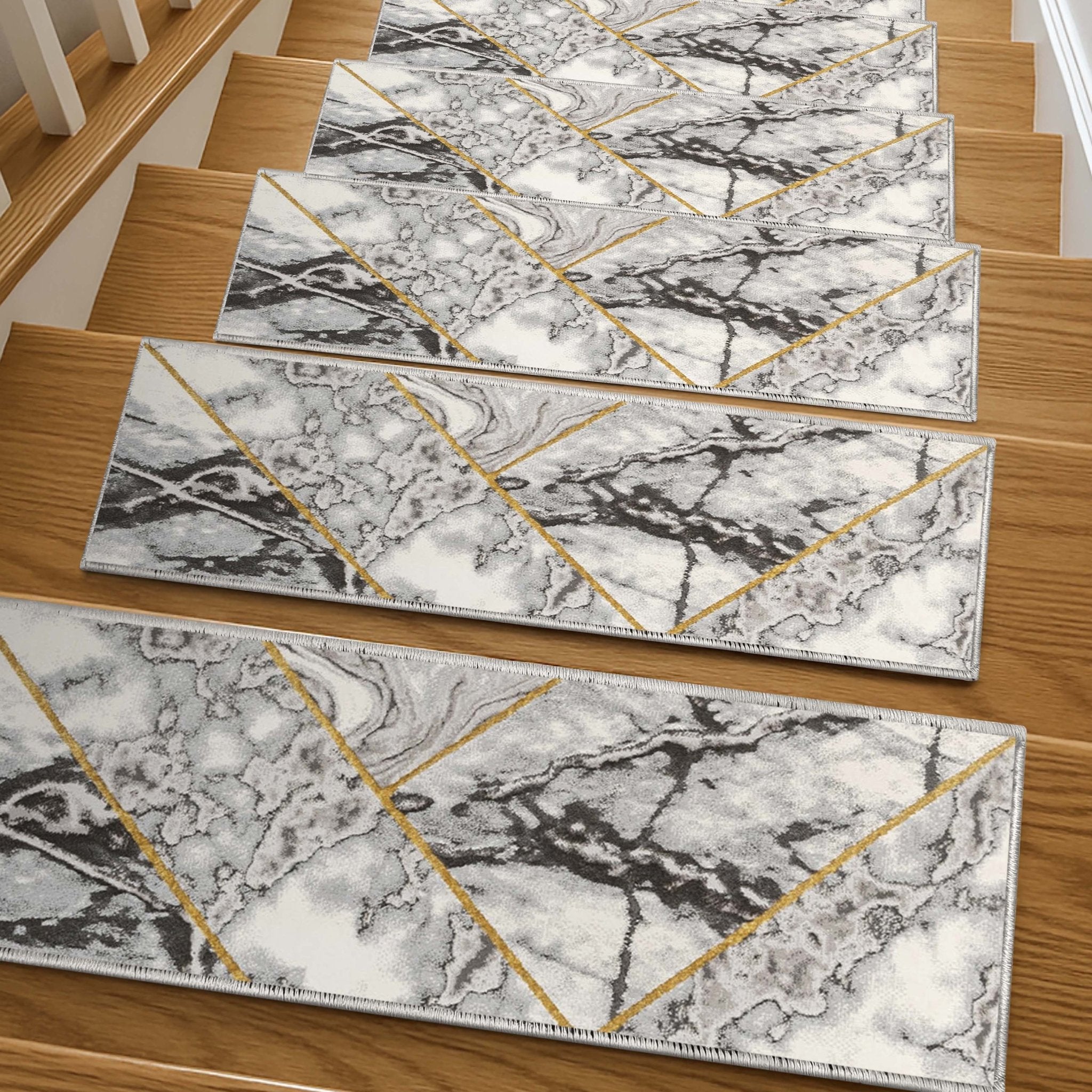 Arlo Grey Stair Tread Rugs - Well Woven  - Arlo Grey Stair Tread Rugs on wooden steps