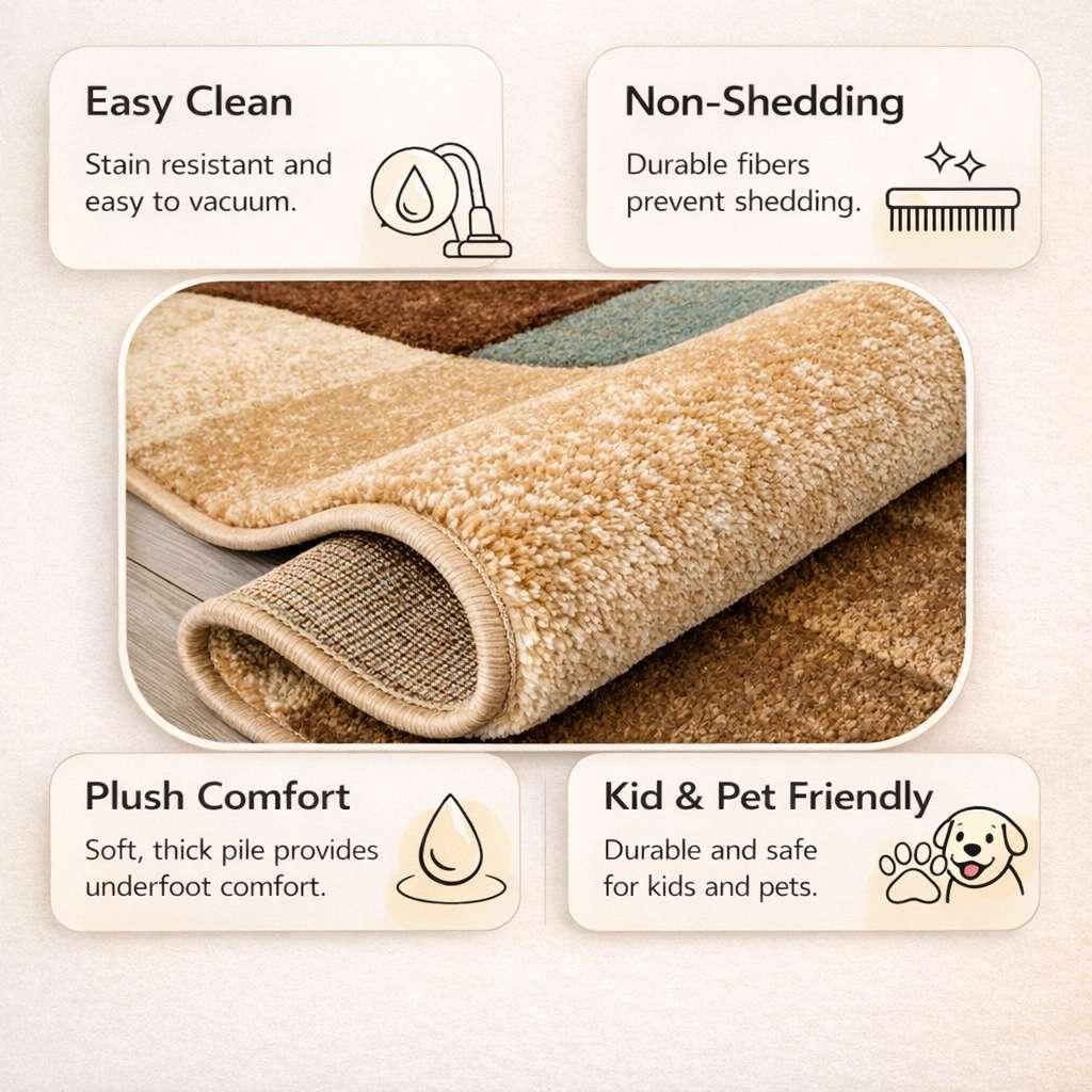 GV-111 - Beige rug with text highlighting its features on a light background (easy clean, non-shedding, plush comfort, kid/pet friendly)