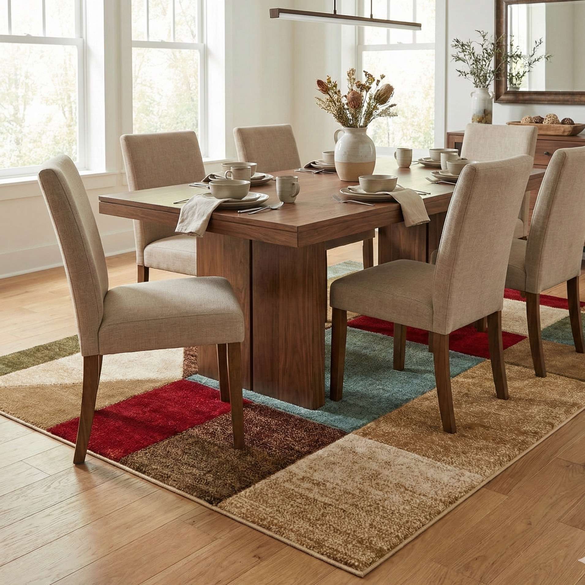 GV-111 - Dining room with wooden table and chairs on a brown geometric patterned rug